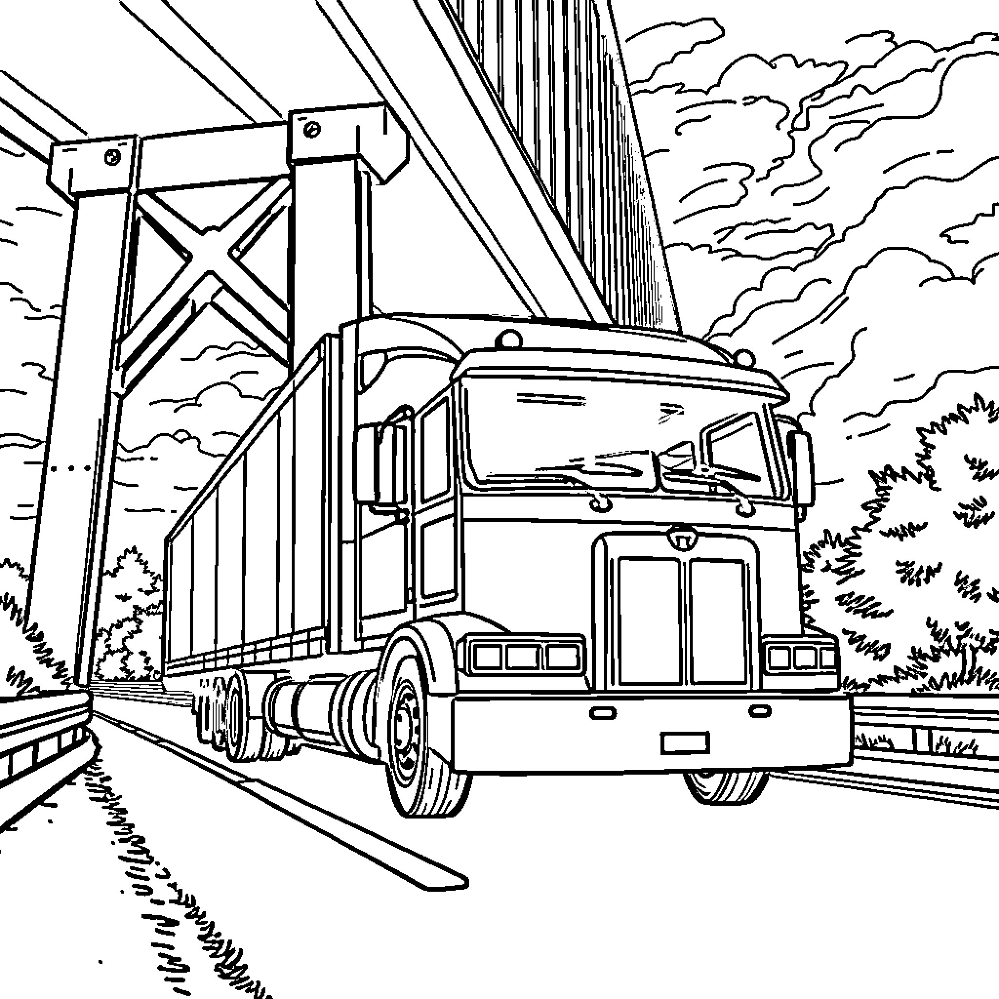 Lorry transporting goods across a bridge Coloring Page (free black-and-white line drawing printable PDF for all, from beginners to advanced learners, including children, teens, adults, and seniors)