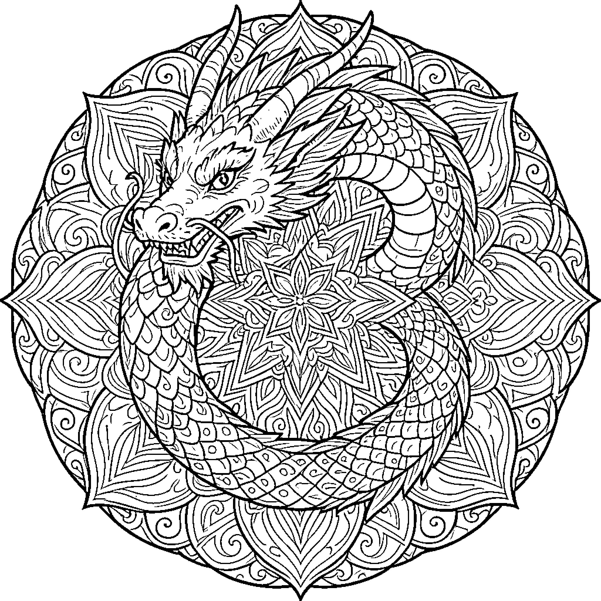 Dragon in Detailed Intricate Mandala Design Coloring Page (free black-and-white line drawing printable PDF for all, from beginners to advanced learners, including children, teens, adults, and seniors)