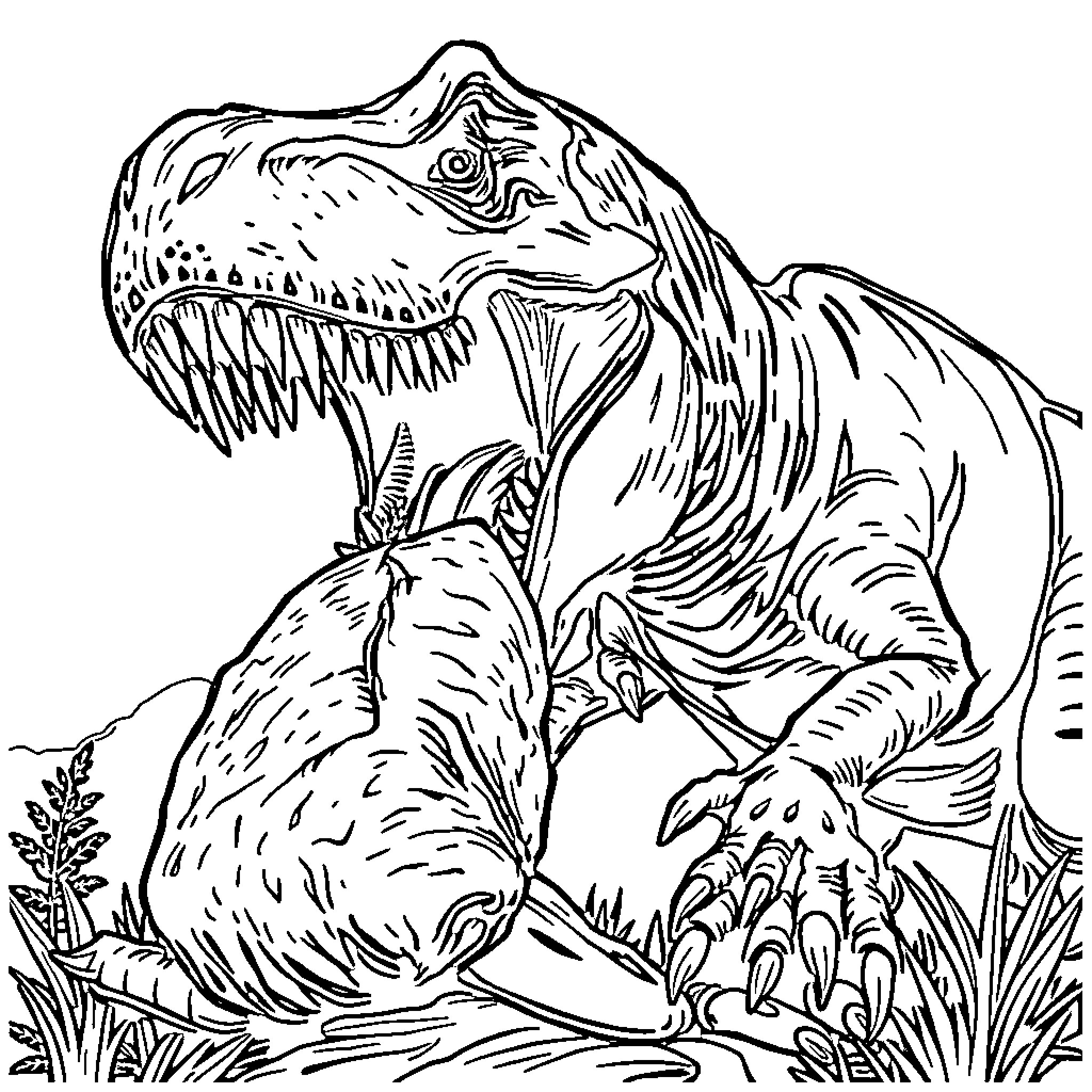 T-Rex hunting ferociously in the wild Coloring Page (free black-and-white line drawing printable PDF for all, from beginners to advanced learners, including children, teens, adults, and seniors)
