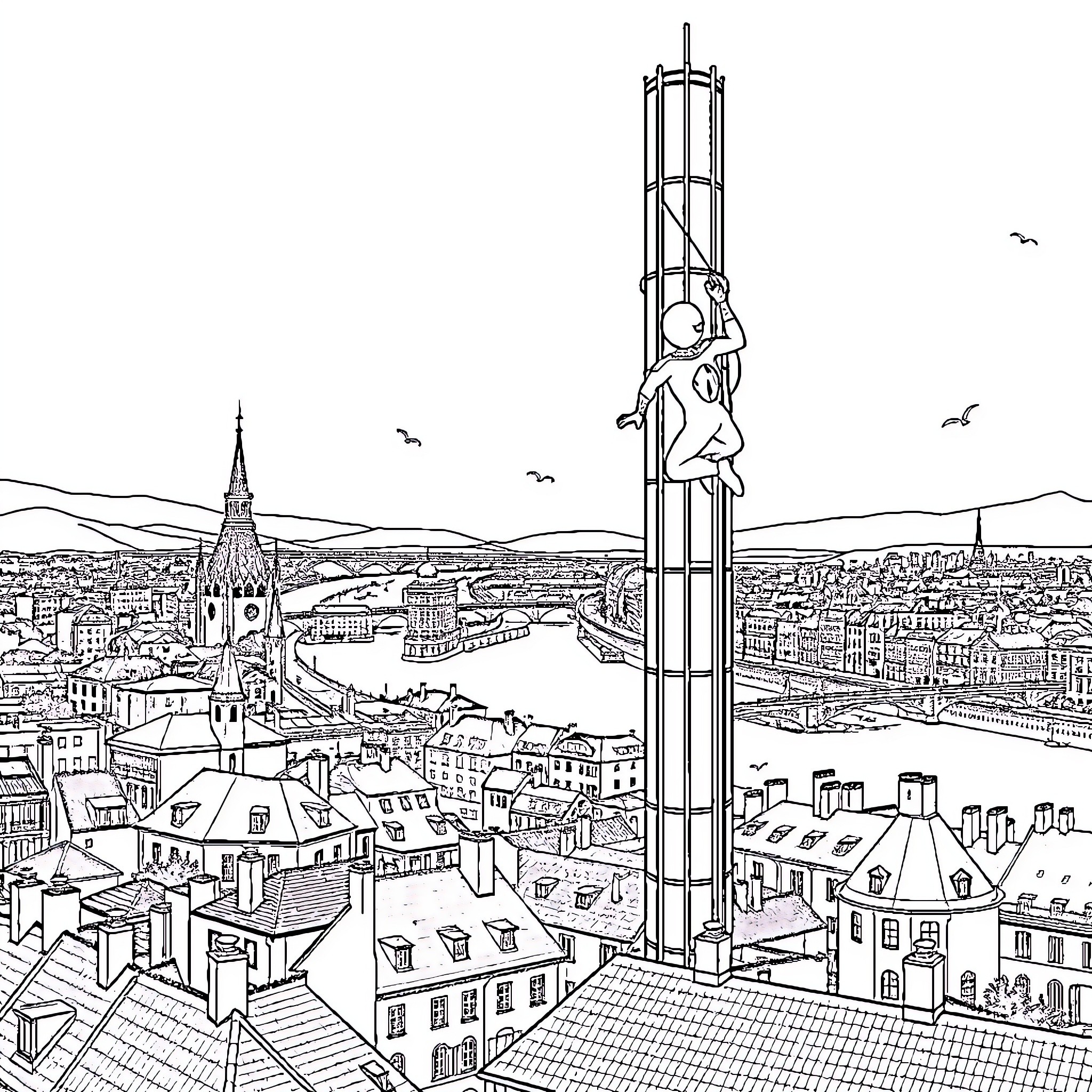 Spidey swinging high above the city skyline Coloring Page (free black-and-white line drawing printable PDF for all, from beginners to advanced learners, including children, teens, adults, and seniors)