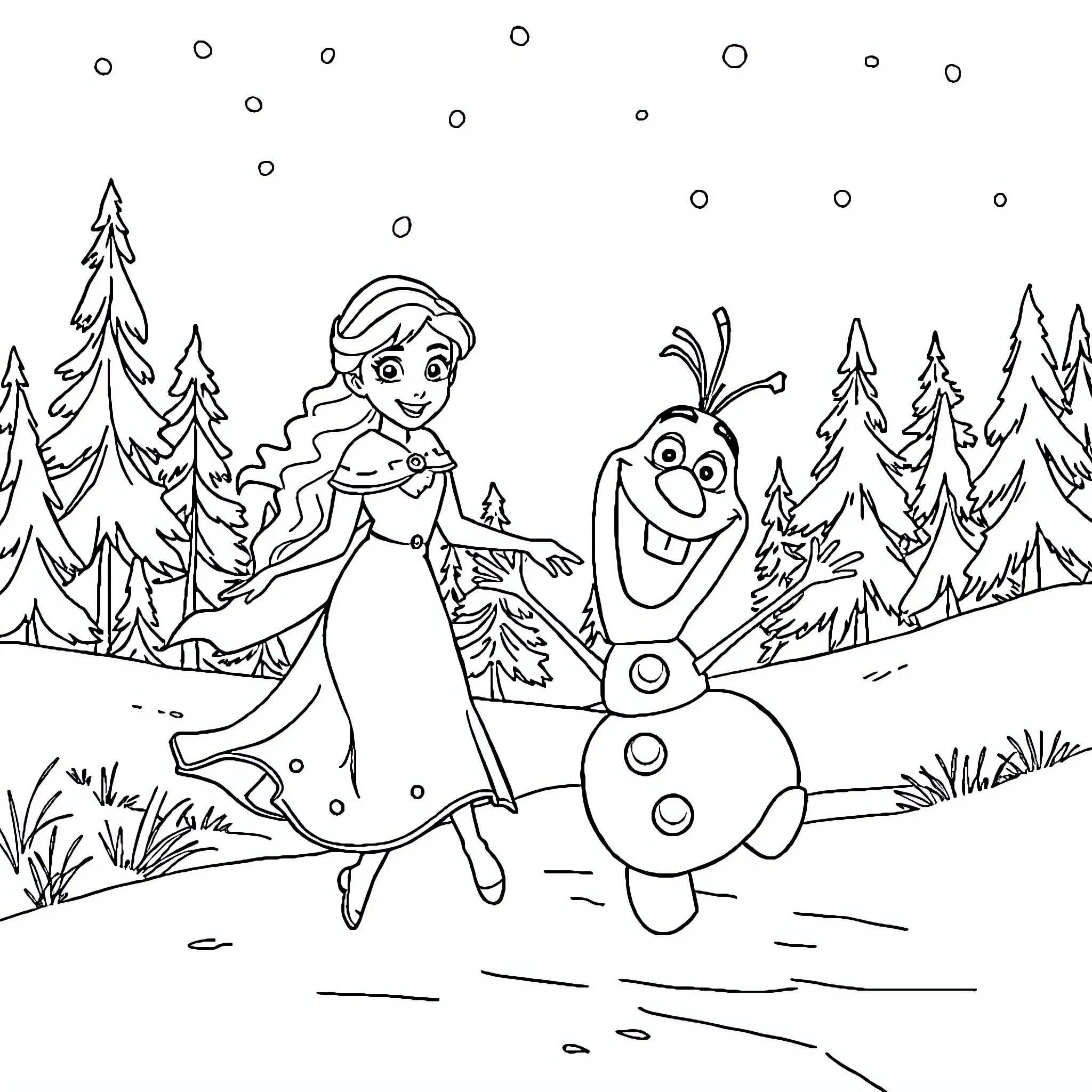 Queen Playing Joyfully with Snowman in Snowy Landscape Coloring Page (free black-and-white line drawing printable PDF for all, from beginners to advanced learners, including children, teens, adults, and seniors)