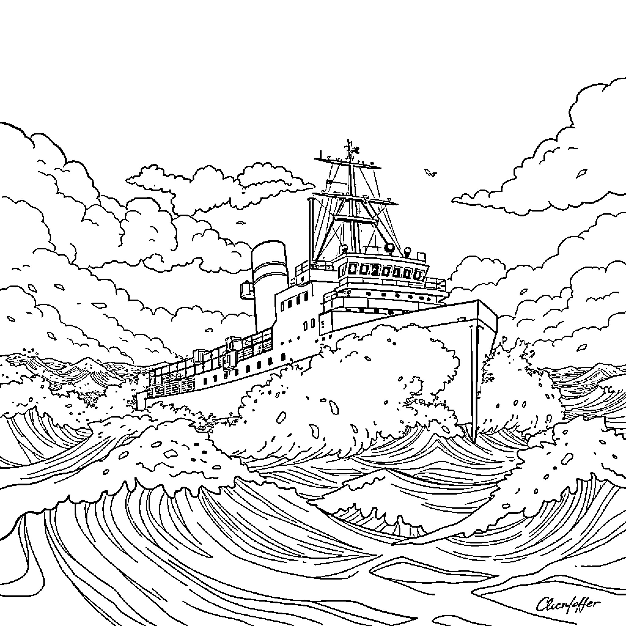 Freighter navigating through choppy seas Coloring Page (free black-and-white line drawing printable PDF for all, from beginners to advanced learners, including children, teens, adults, and seniors)