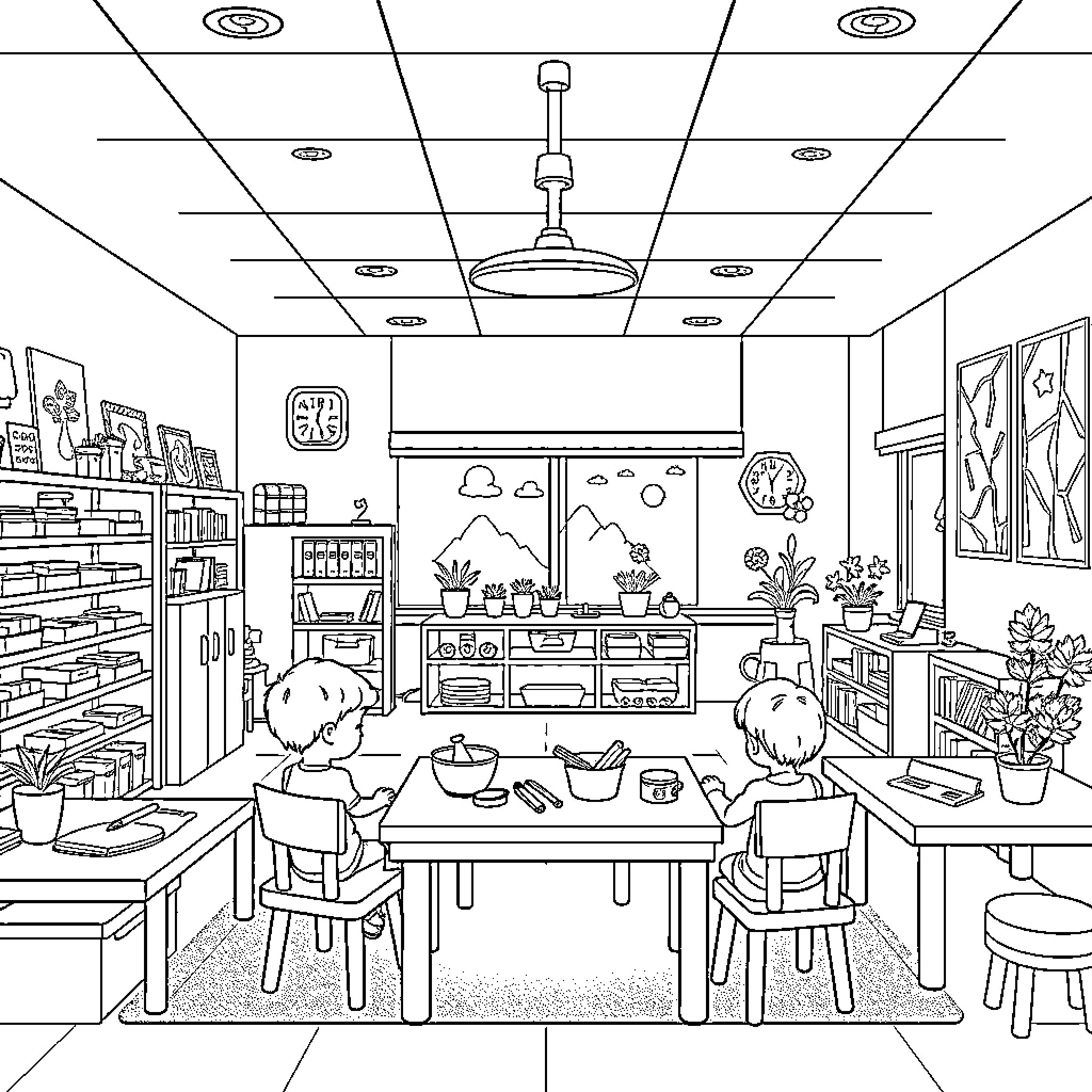 Classroom with Students Engaged in Learning Activities Coloring Page (free black-and-white line drawing printable PDF for all, from beginners to advanced learners, including children, teens, adults, and seniors)