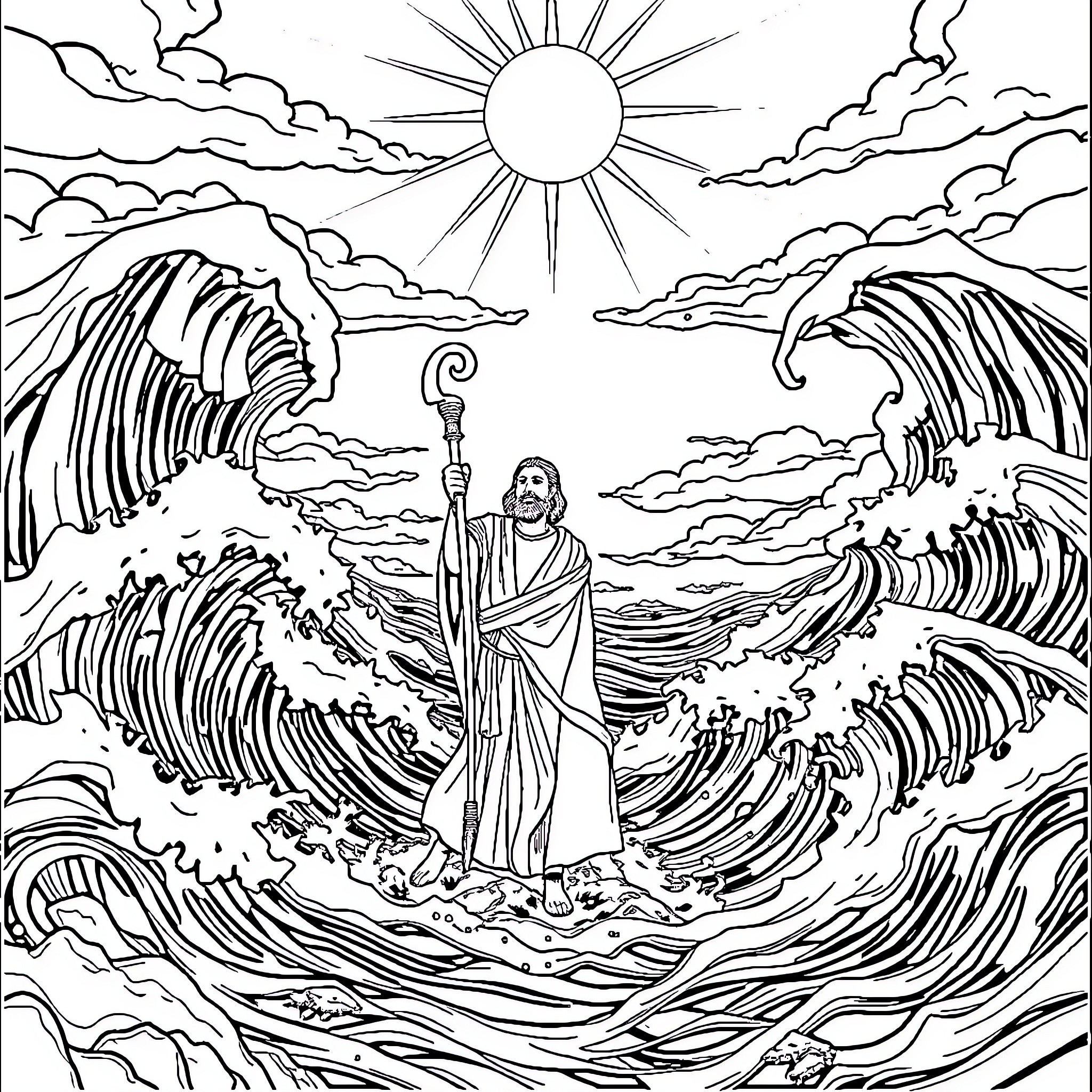 Moses Parting the Seas in Epic Scenery Coloring Page (free black-and-white line drawing printable PDF for all, from beginners to advanced learners, including children, teens, adults, and seniors)