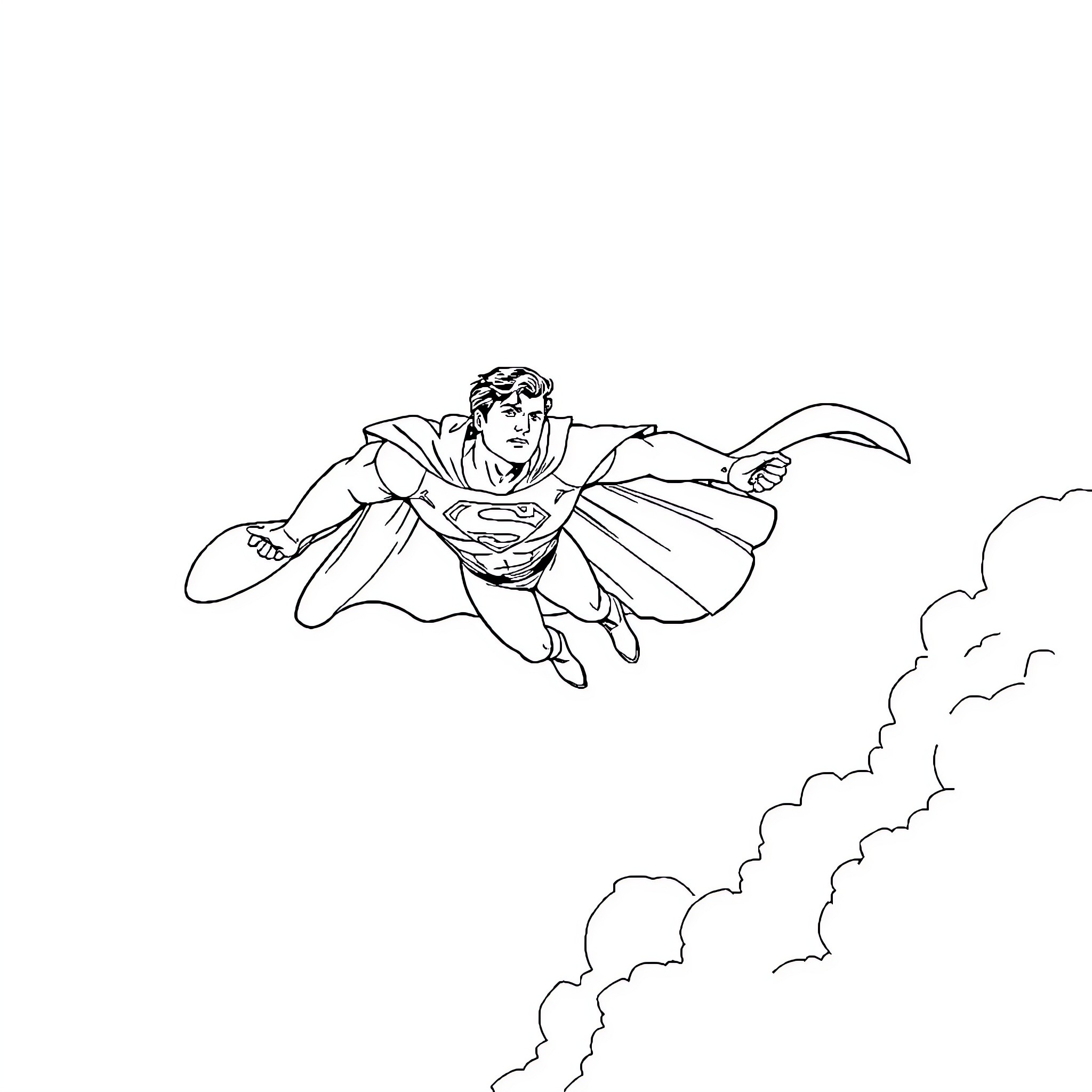 Superman soaring through the clouds with heroic pose Coloring Page (free black-and-white line drawing printable PDF for all, from beginners to advanced learners, including children, teens, adults, and seniors)