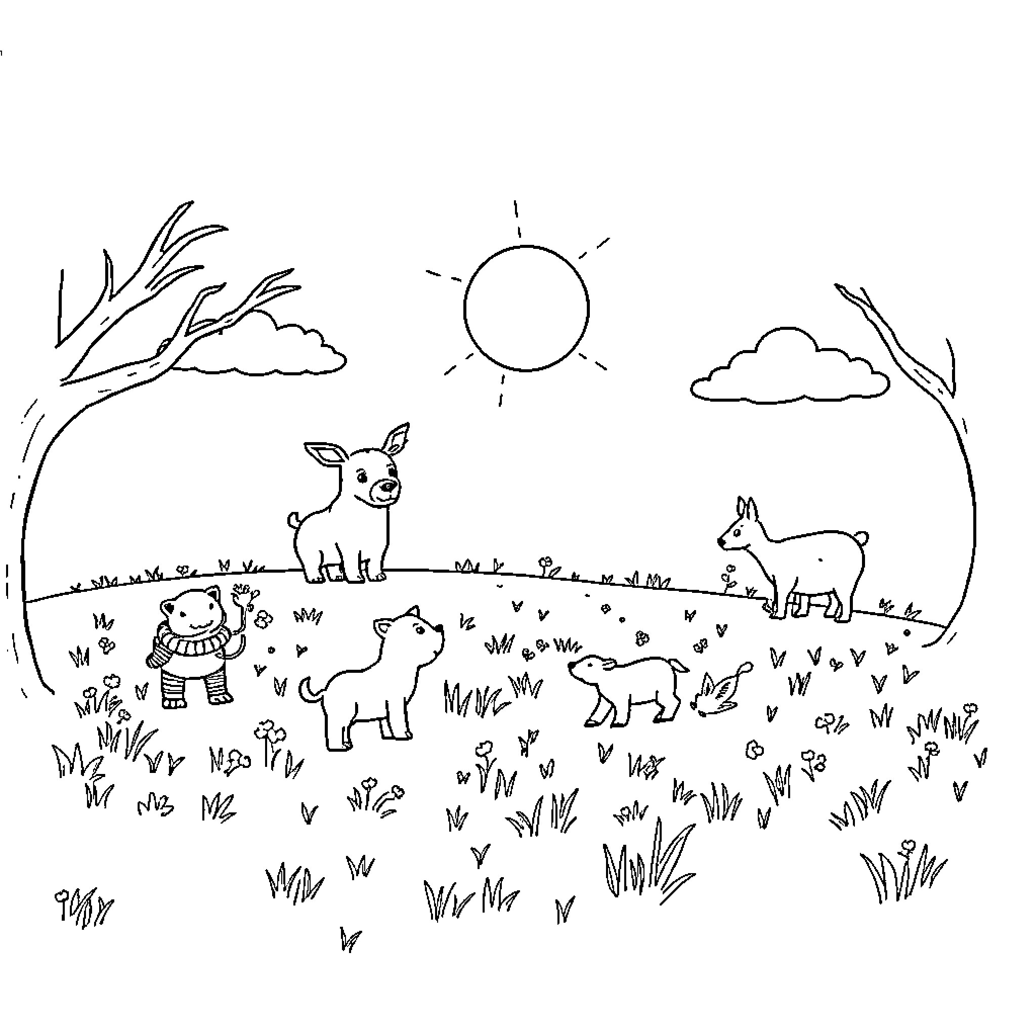 Animal friends enjoying the outdoors Coloring Page (free black-and-white line drawing printable PDF for all, from beginners to advanced learners, including children, teens, adults, and seniors)