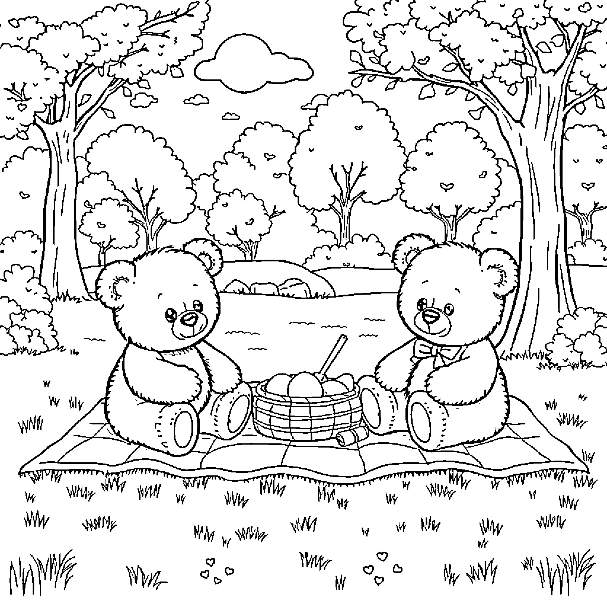 Teddy Bears enjoying a picnic in the forest Coloring Page (free black-and-white line drawing printable PDF for all, from beginners to advanced learners, including children, teens, adults, and seniors)
