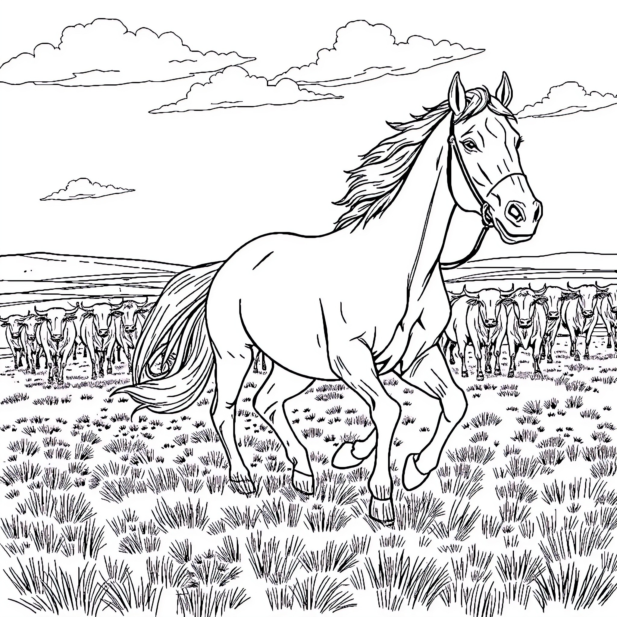 Horse galloping through a field with herd Coloring Page (free black-and-white line drawing printable PDF for all, from beginners to advanced learners, including children, teens, adults, and seniors)