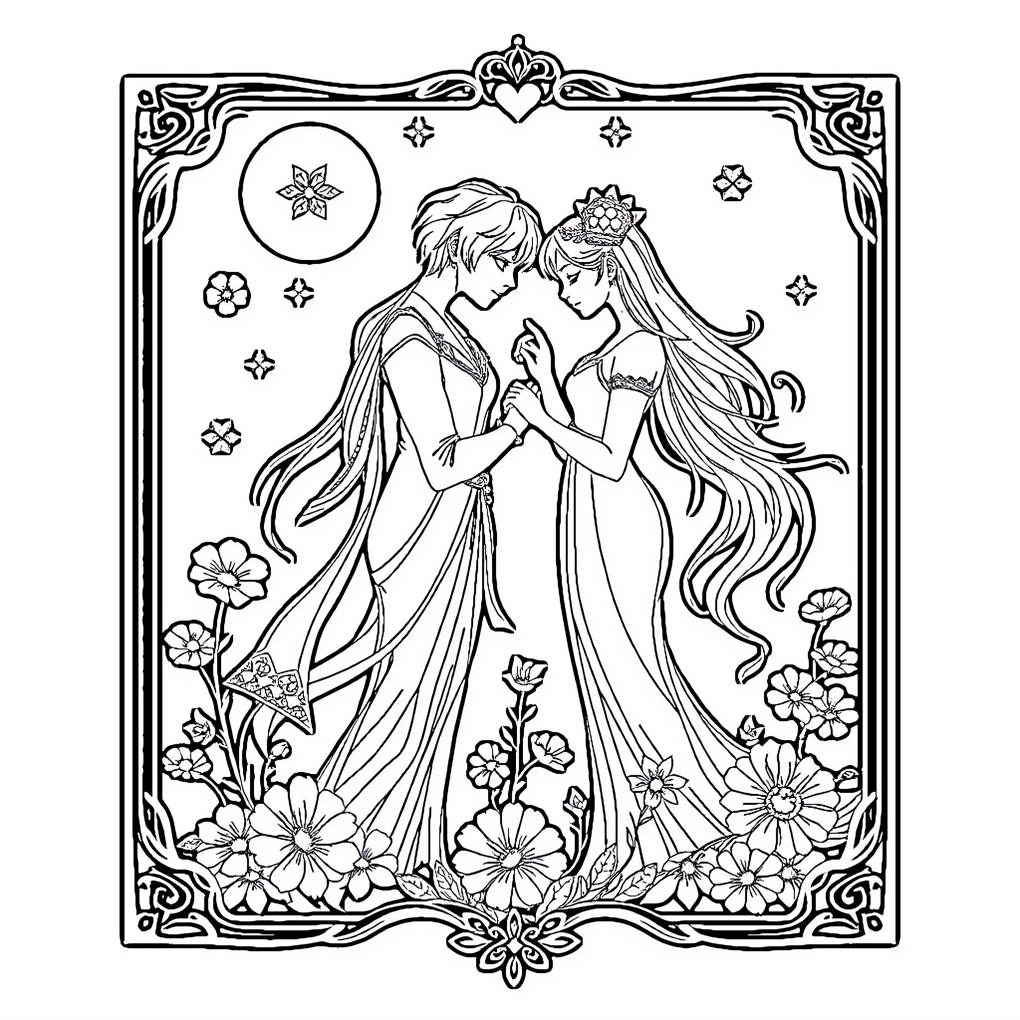 Tarot Card of a Romantic Couple's Embrace Coloring Page (free black-and-white line drawing printable PDF for all, from beginners to advanced learners, including children, teens, adults, and seniors)