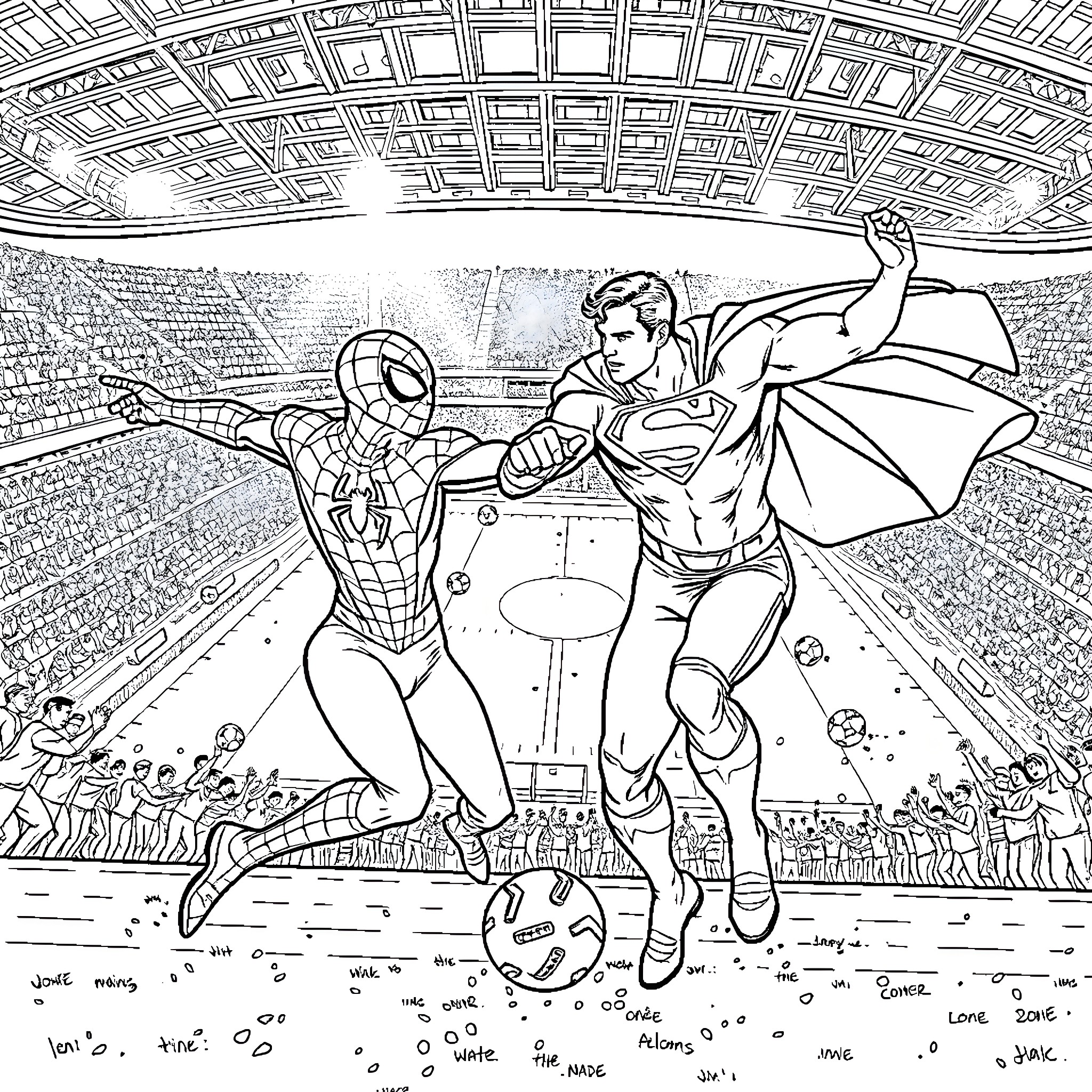Spider-Man battling Superman in a sports stadium Coloring Page (free black-and-white line drawing printable PDF for all, from beginners to advanced learners, including children, teens, adults, and seniors)