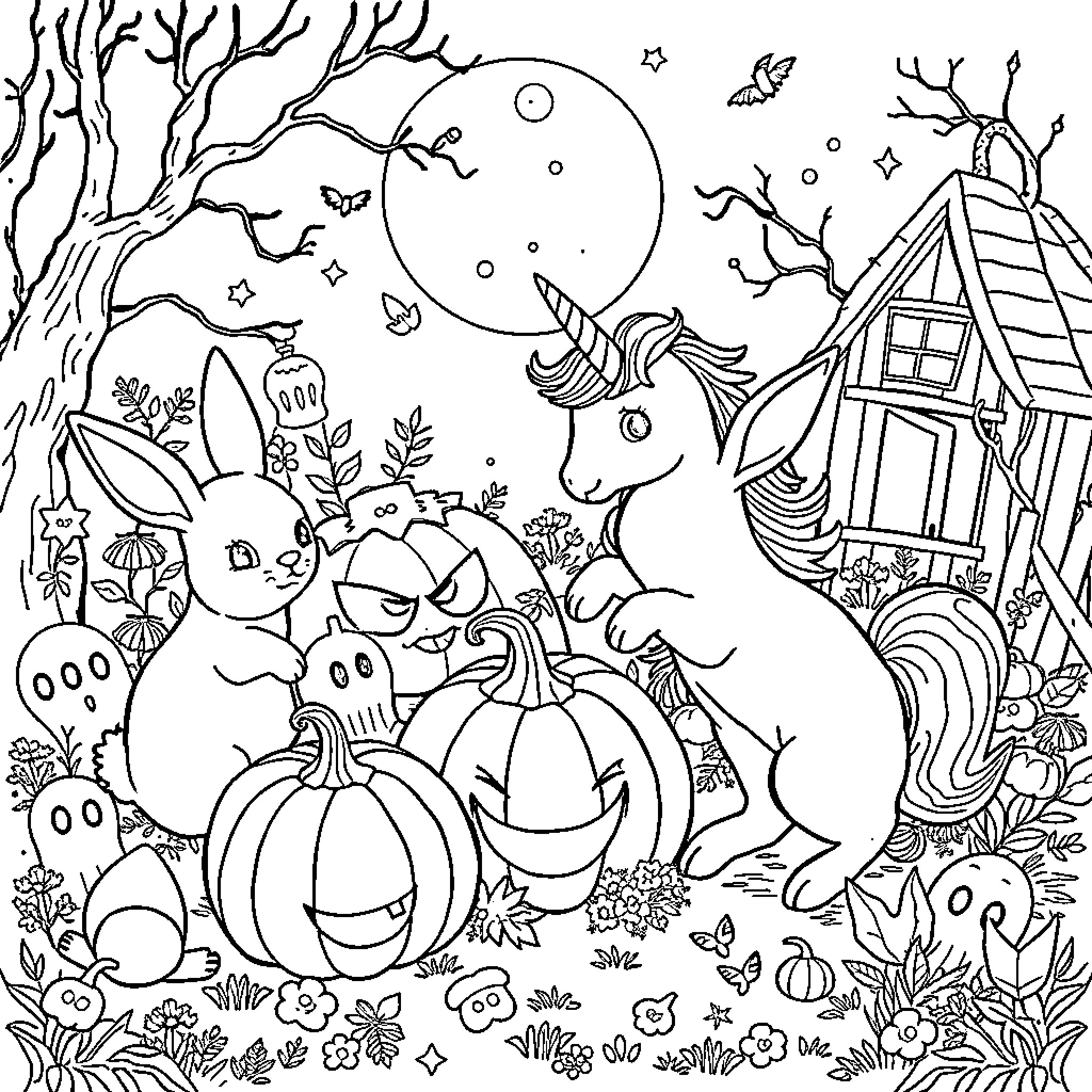 Bunny and Unicorn's Enchanted Woodland Gathering Coloring Page (free black-and-white line drawing printable PDF for all, from beginners to advanced learners, including children, teens, adults, and seniors)