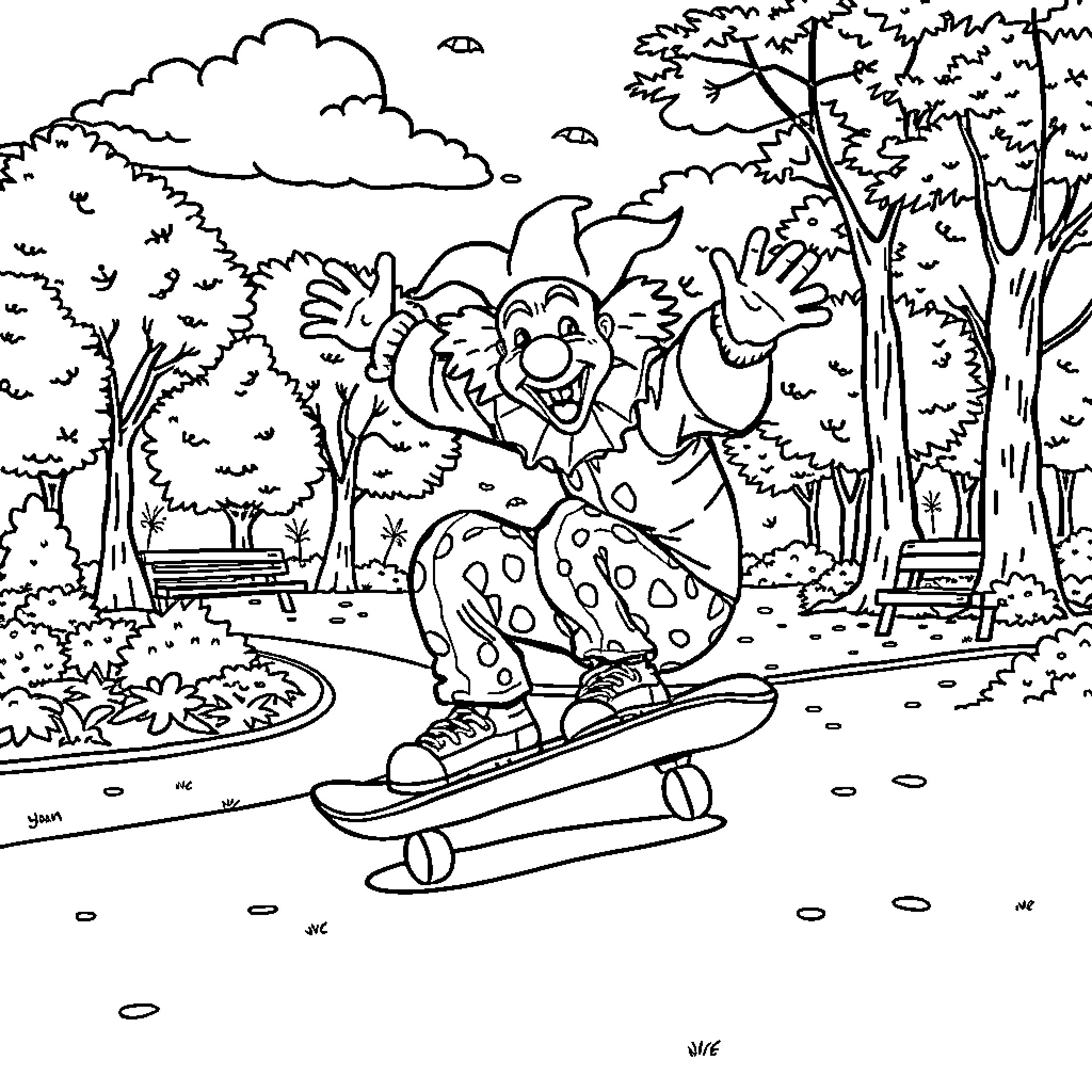 Clown skateboarding through a whimsical forest landscape Coloring Page (free black-and-white line drawing printable PDF for all, from beginners to advanced learners, including children, teens, adults, and seniors)