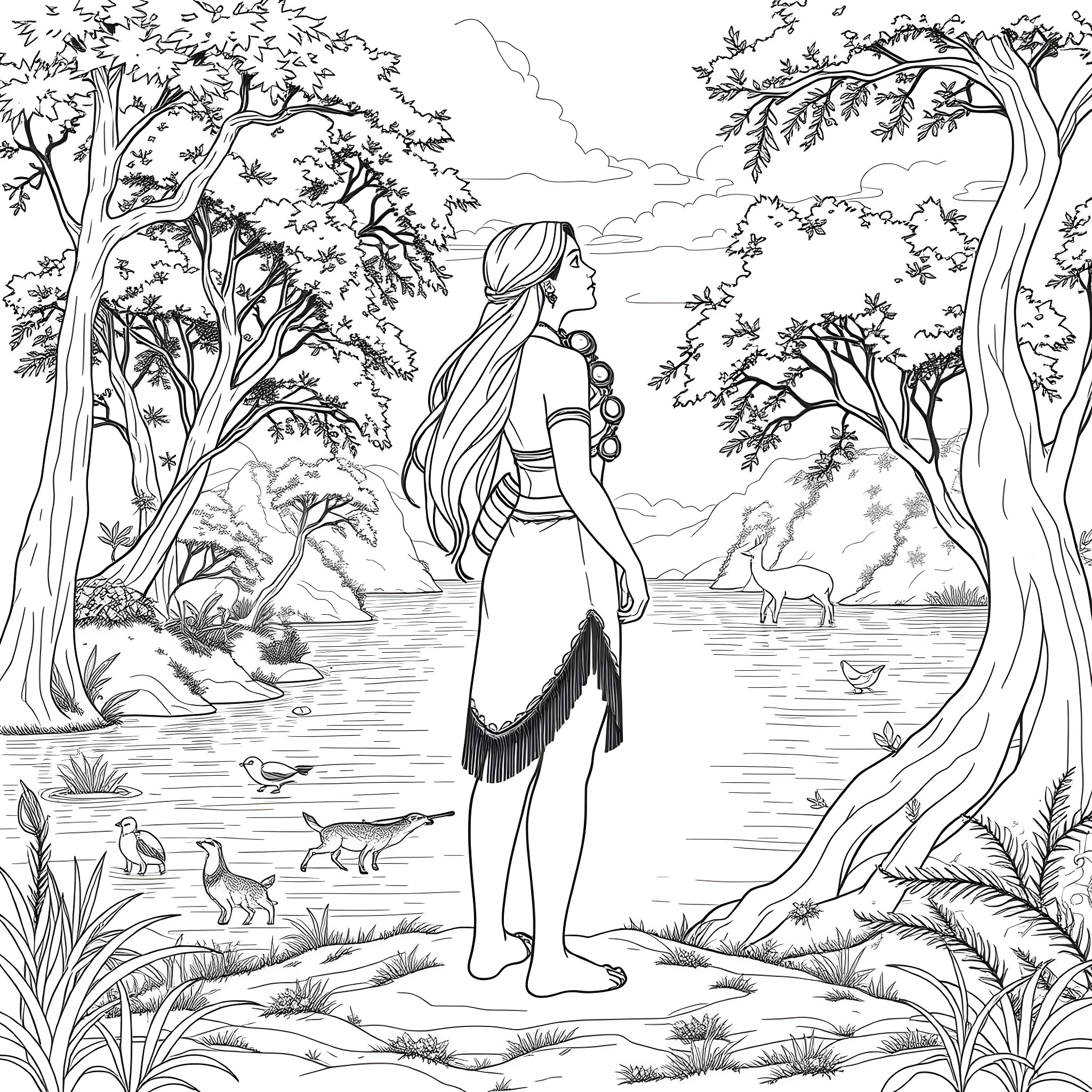 Pocahontas admiring the beauty of nature Coloring Page (free black-and-white line drawing printable PDF for all, from beginners to advanced learners, including children, teens, adults, and seniors)