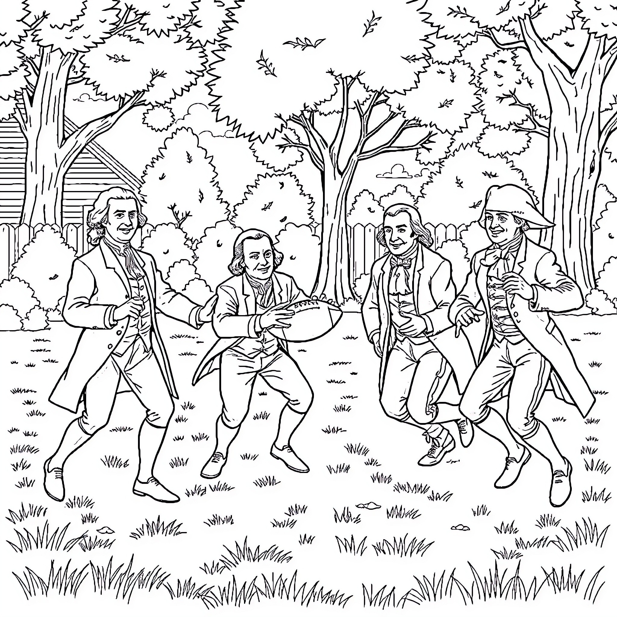 Founding Fathers enjoying a lively conversation in nature Coloring Page (free black-and-white line drawing printable PDF for all, from beginners to advanced learners, including children, teens, adults, and seniors)
