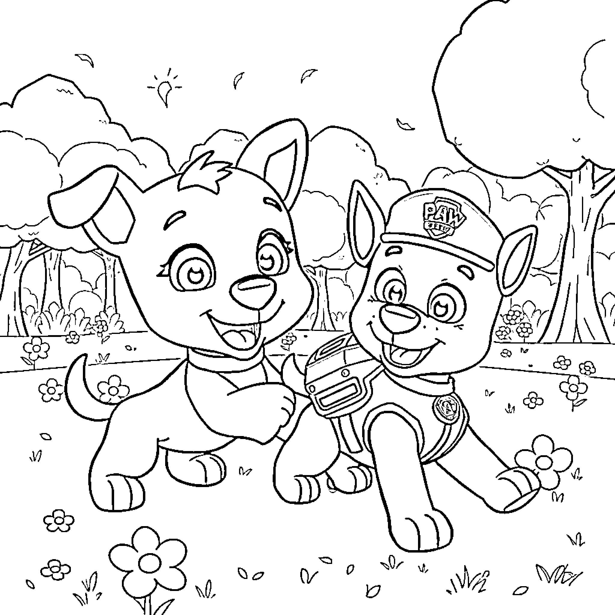 Bluey and Bingo playing together in a park Coloring Page (free black-and-white line drawing printable PDF for all, from beginners to advanced learners, including children, teens, adults, and seniors)