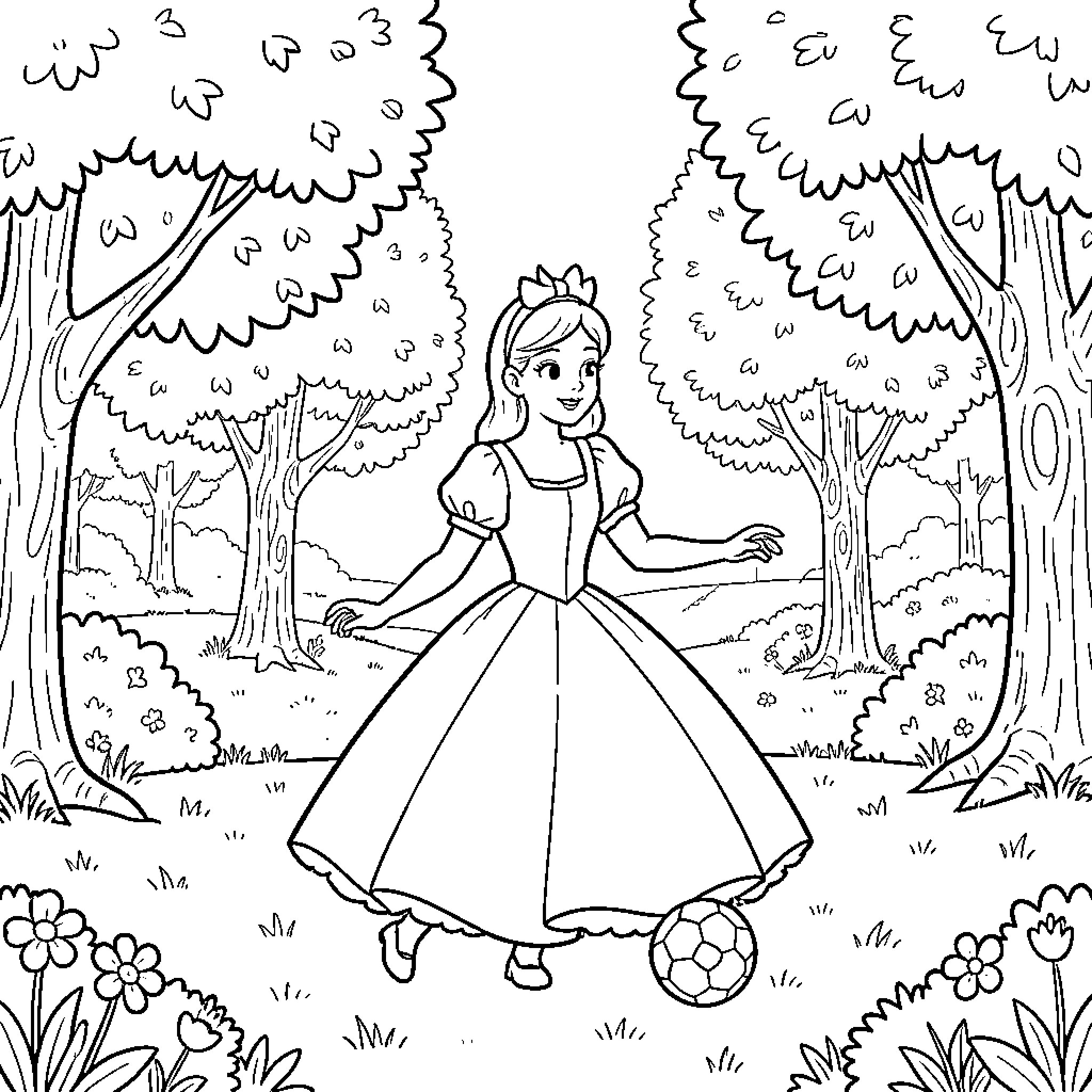 Snow White playing with a ball in the forest Coloring Page (free black-and-white line drawing printable PDF for all, from beginners to advanced learners, including children, teens, adults, and seniors)