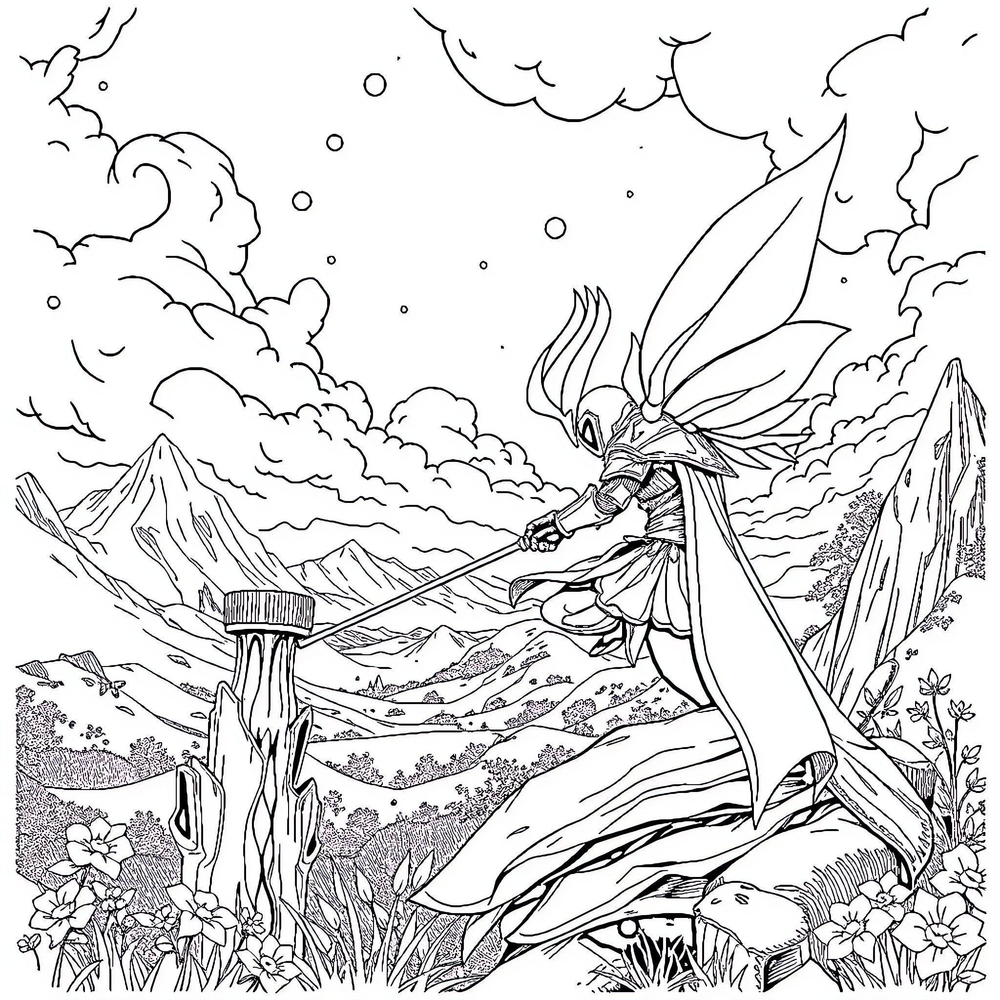 Caballero Fairy's Enchanting Adventure in the Ethereal Landscape Coloring Page (free black-and-white line drawing printable PDF for all, from beginners to advanced learners, including children, teens, adults, and seniors)