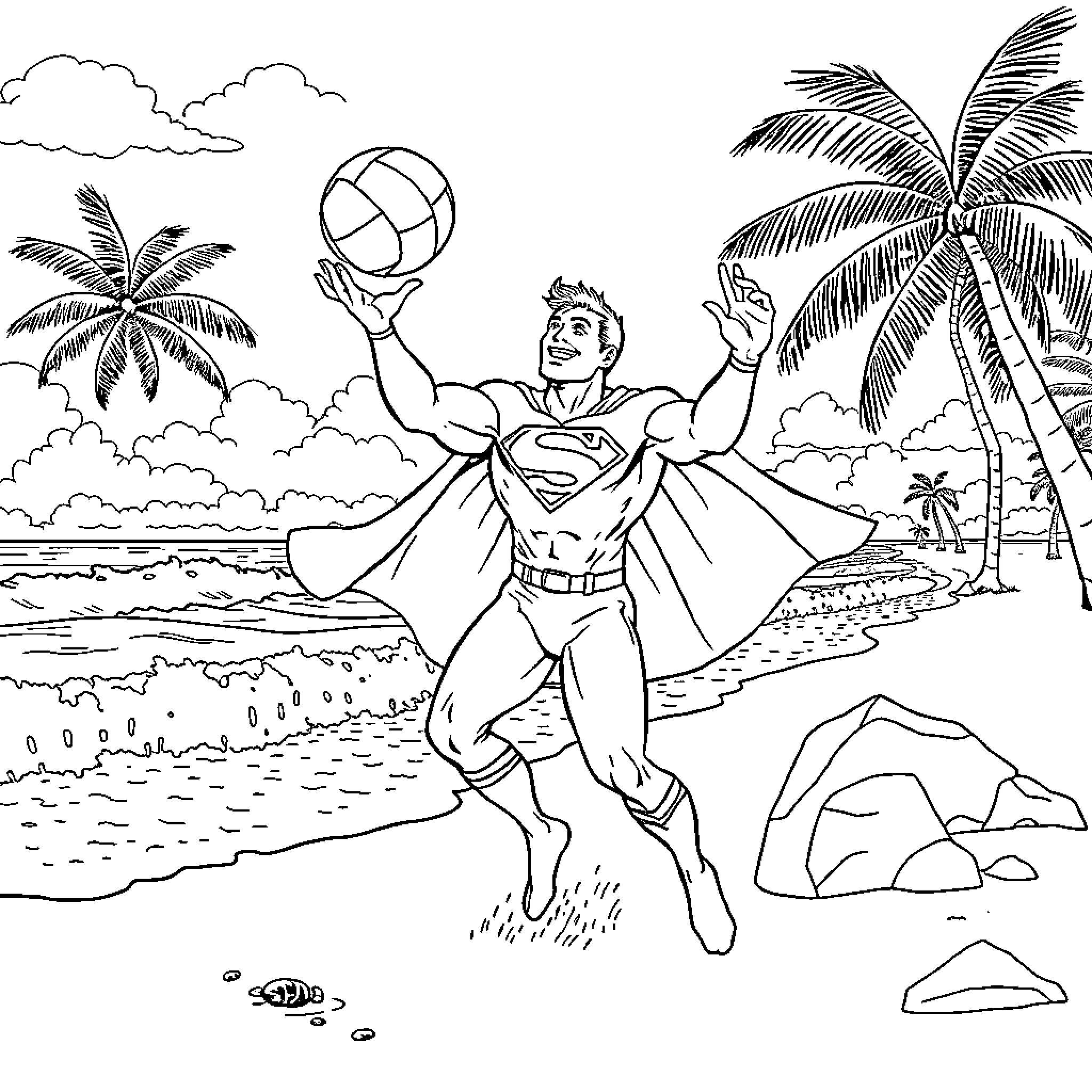 Superman playing volleyball on the beach Coloring Page (free black-and-white line drawing printable PDF for all, from beginners to advanced learners, including children, teens, adults, and seniors)
