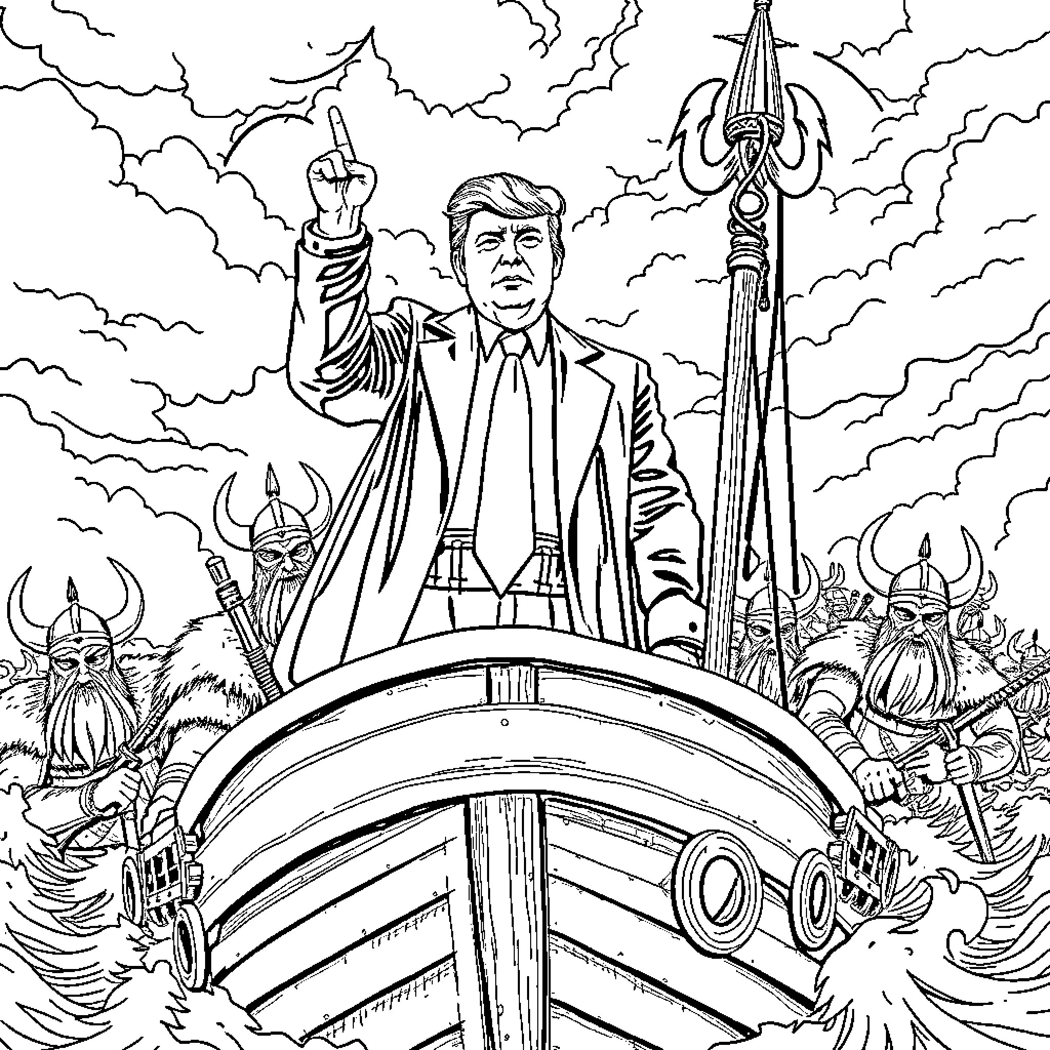 Donald Trump Leading a Fierce Viking Army Coloring Page (free black-and-white line drawing printable PDF for all, from beginners to advanced learners, including children, teens, adults, and seniors)