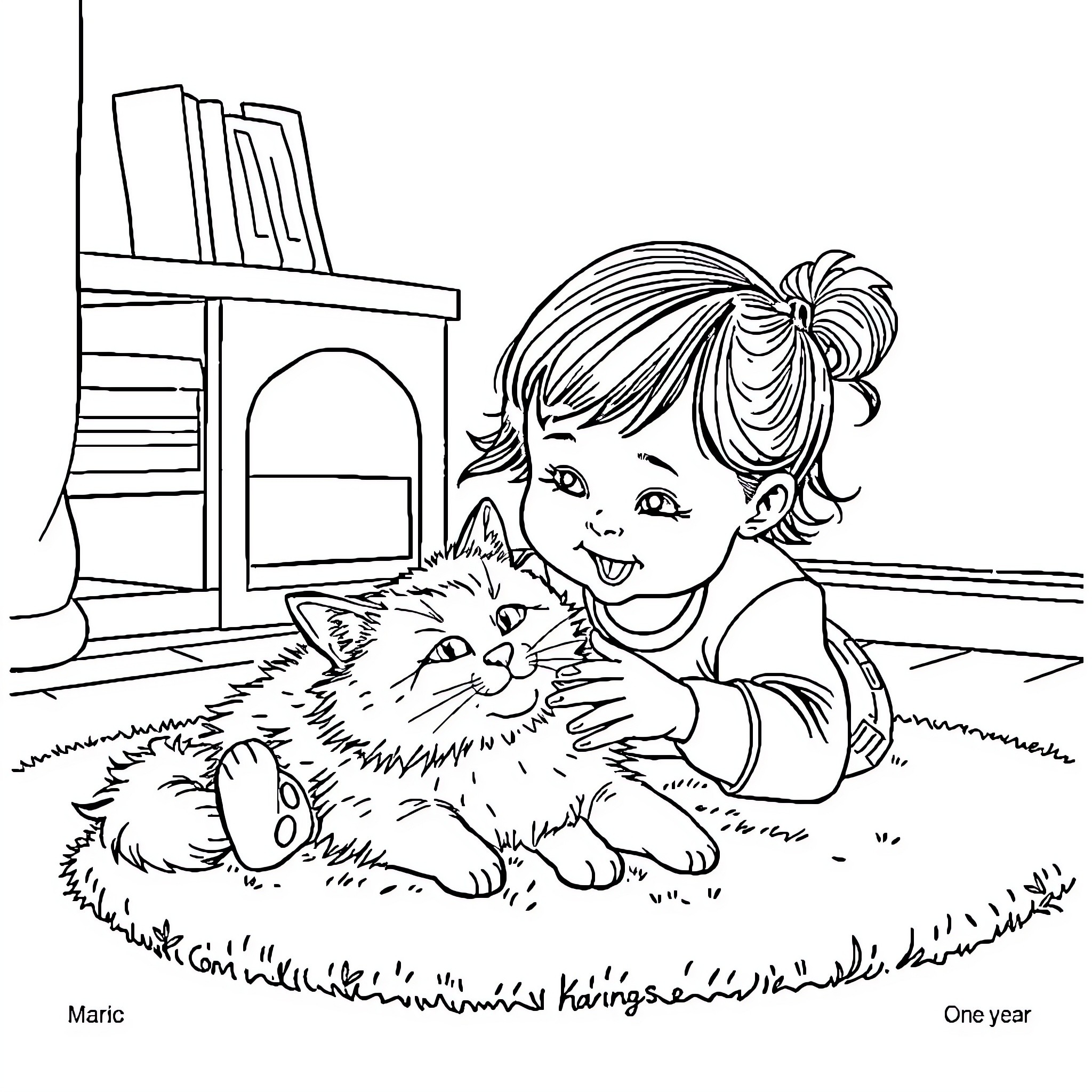 Cat and child playing together happily Coloring Page (free black-and-white line drawing printable PDF for all, from beginners to advanced learners, including children, teens, adults, and seniors)