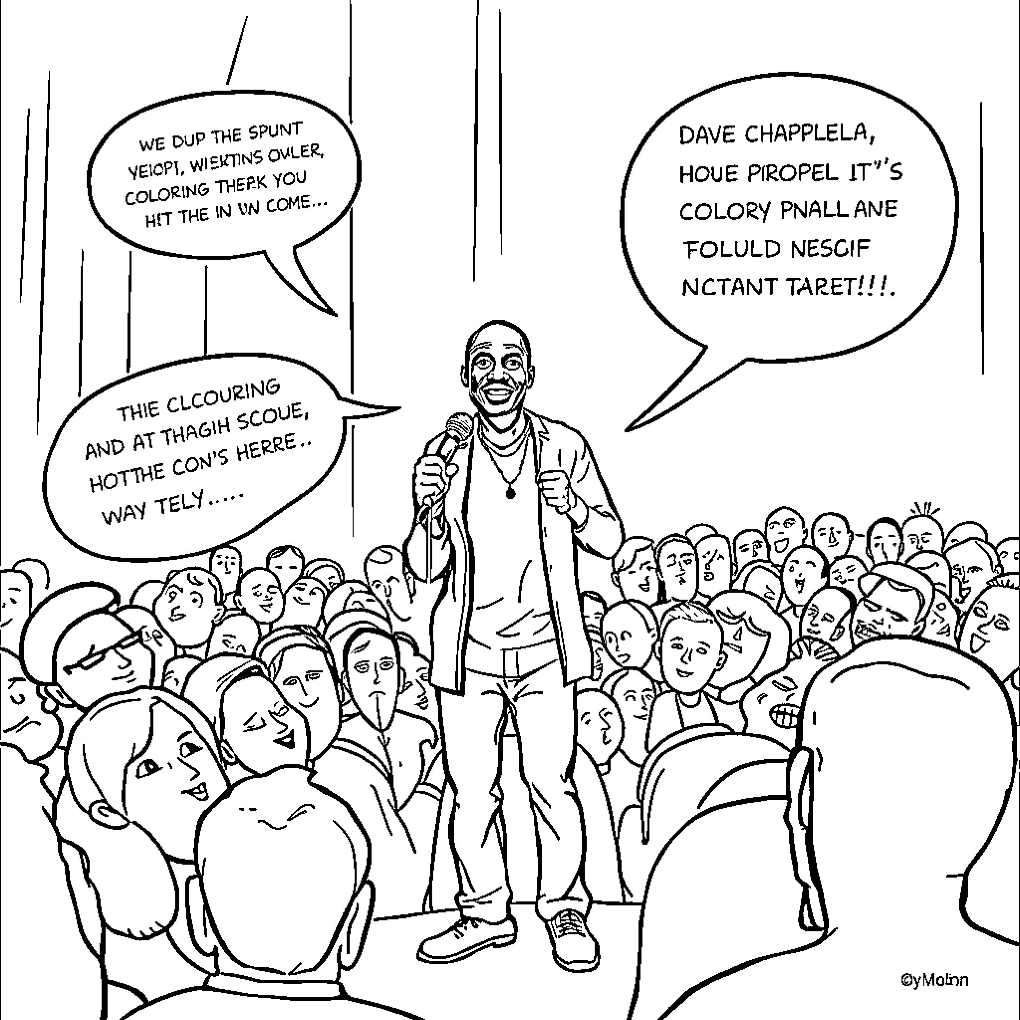 Dave Chappelle addressing and interacting with an animated crowd Coloring Page (free black-and-white line drawing printable PDF for all, from beginners to advanced learners, including children, teens, adults, and seniors)
