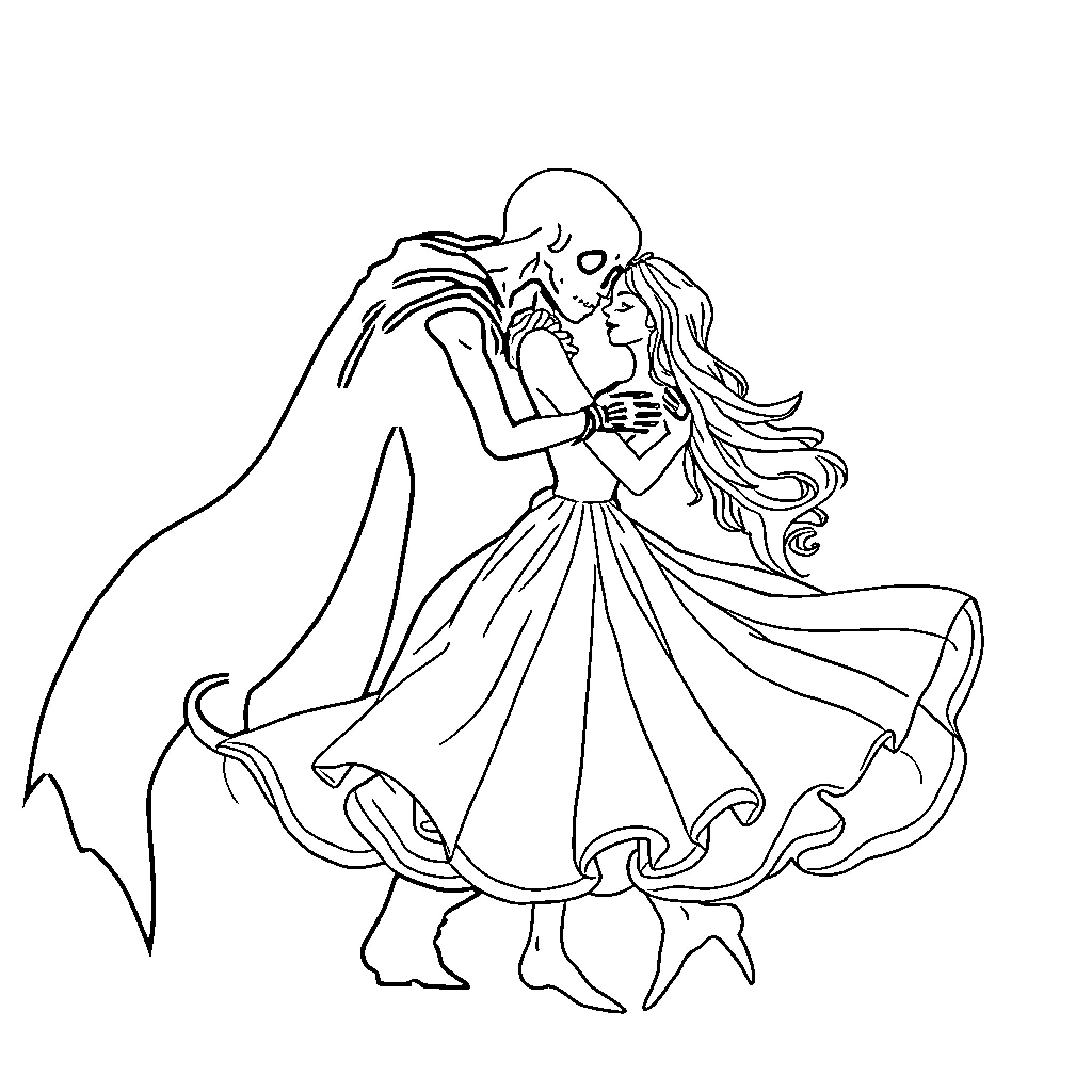 Death and Love's Eternal Dance Coloring Page (free black-and-white line drawing printable PDF for all, from beginners to advanced learners, including children, teens, adults, and seniors)