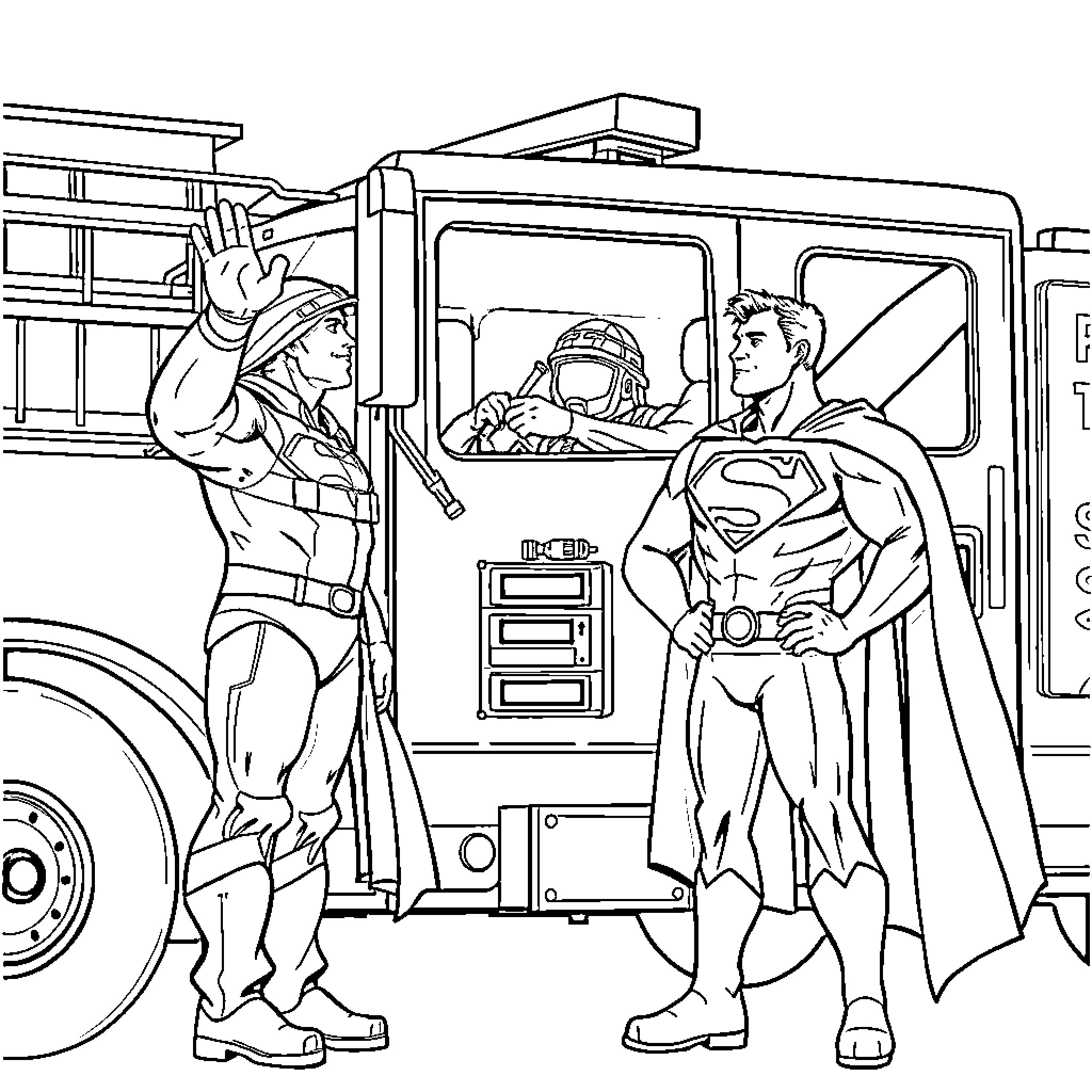 Superman assisting firefighters at the scene Coloring Page (free black-and-white line drawing printable PDF for all, from beginners to advanced learners, including children, teens, adults, and seniors)