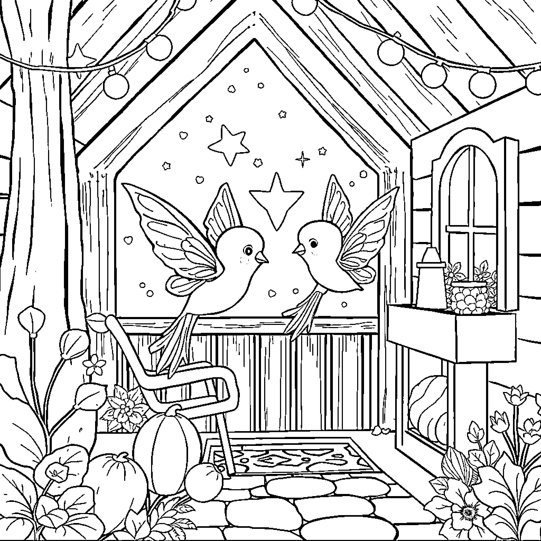 Hada Bird Lovers' Cozy Cottage Coloring Page (free black-and-white line drawing printable PDF for all, from beginners to advanced learners, including children, teens, adults, and seniors)