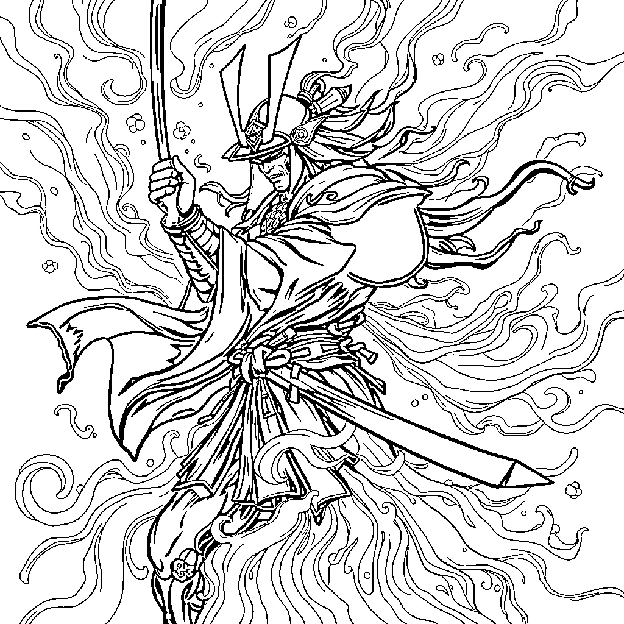 Samurai Warrior's Dramatic Stance Coloring Page (free black-and-white line drawing printable PDF for all, from beginners to advanced learners, including children, teens, adults, and seniors)