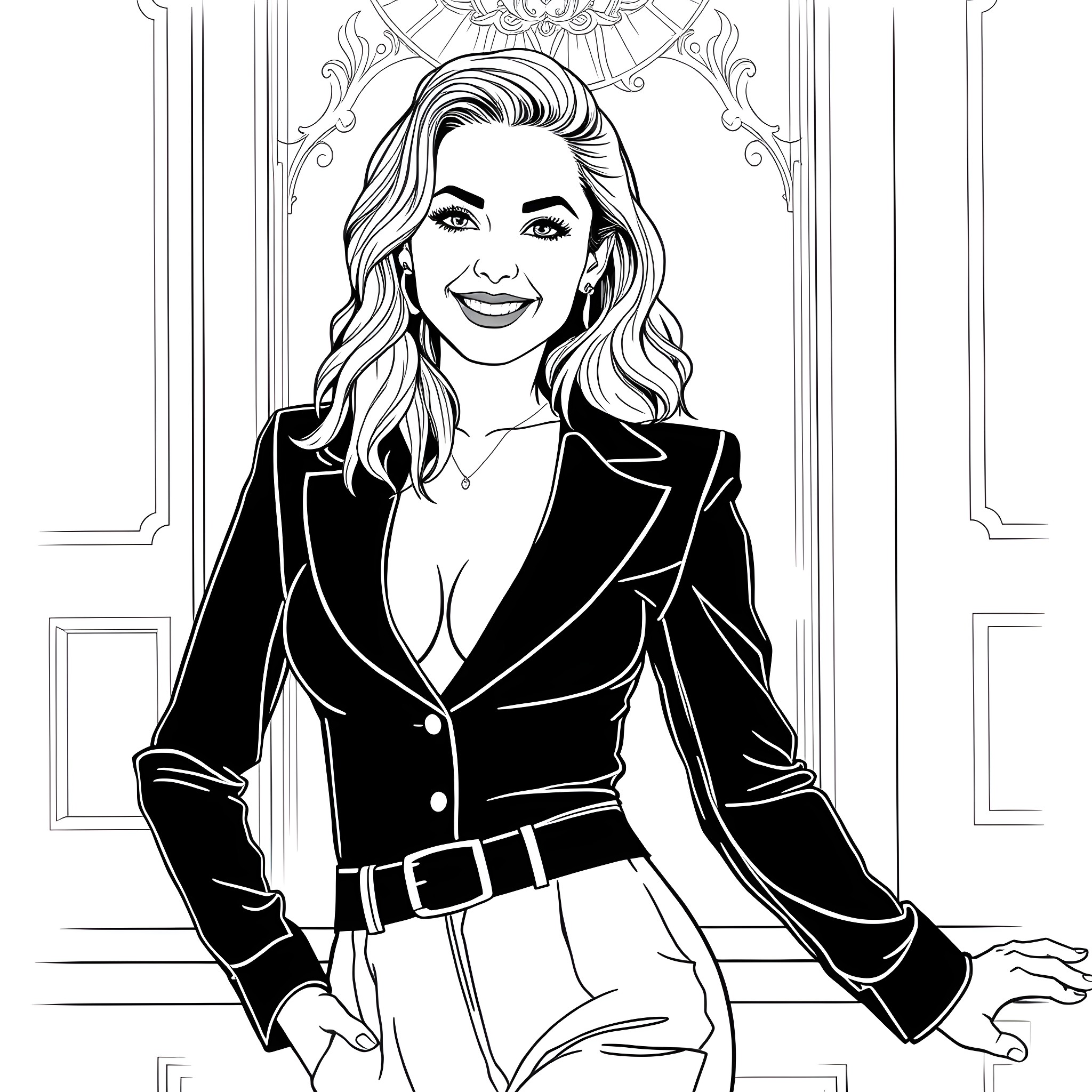 Sydney Sweeney in Elegant Formal Attire Coloring Page (free black-and-white line drawing printable PDF for all, from beginners to advanced learners, including children, teens, adults, and seniors)