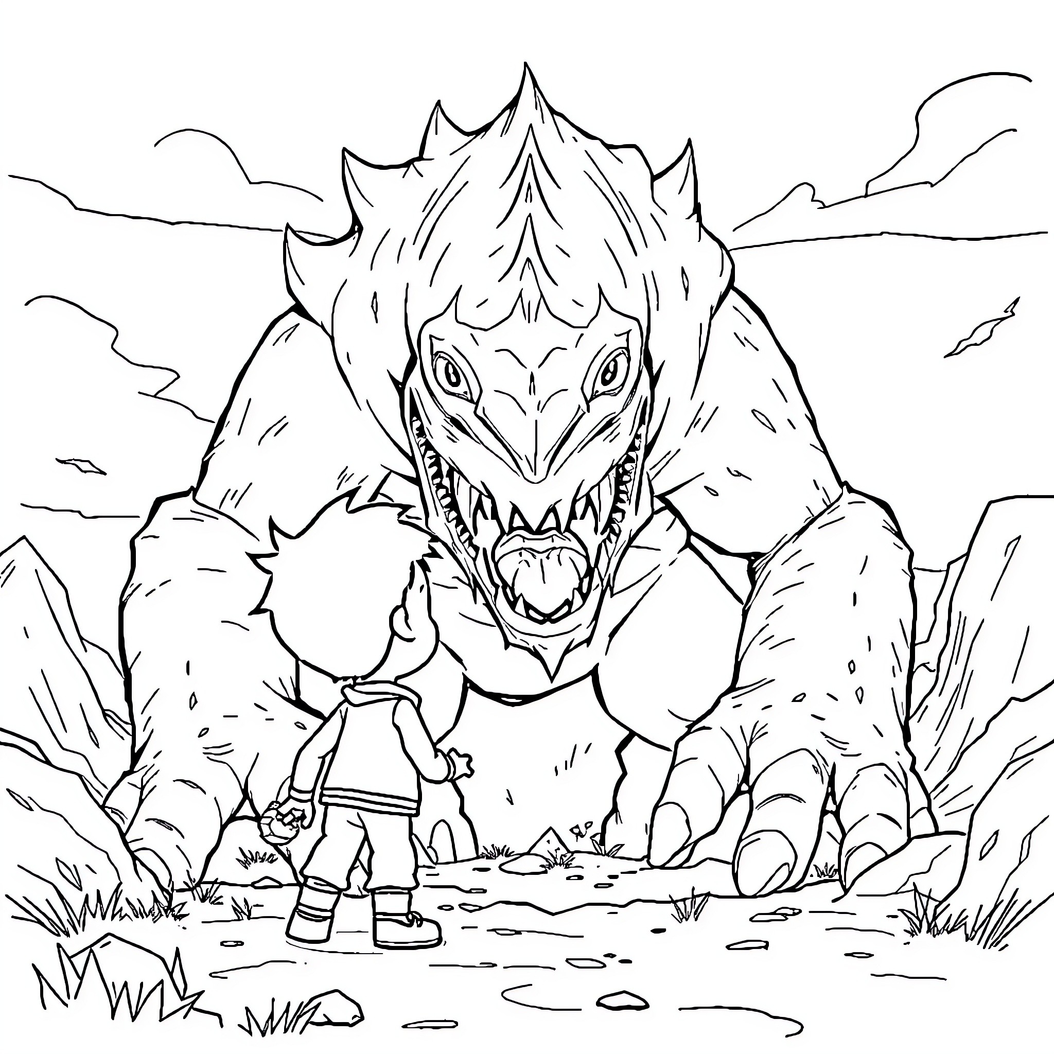 Boboiboy's encounter with a fearsome creature in the wilderness Coloring Page (free black-and-white line drawing printable PDF for all, from beginners to advanced learners, including children, teens, adults, and seniors)