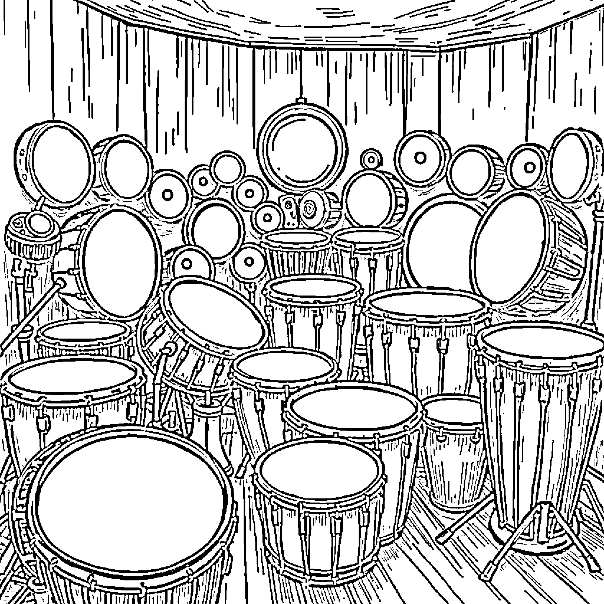 Drum kit ensemble in performance Coloring Page (free black-and-white line drawing printable PDF for all, from beginners to advanced learners, including children, teens, adults, and seniors)