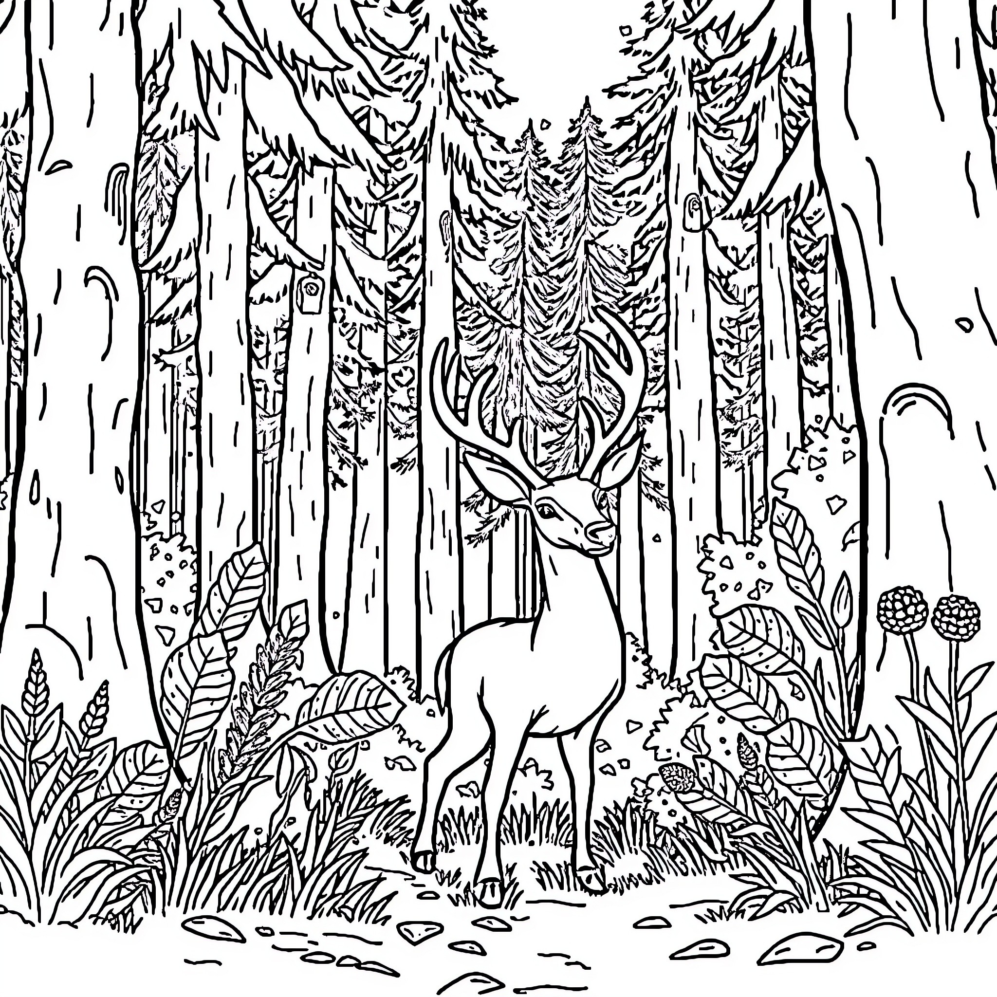 Deer standing amidst lush forest landscape Coloring Page (free black-and-white line drawing printable PDF for all, from beginners to advanced learners, including children, teens, adults, and seniors)