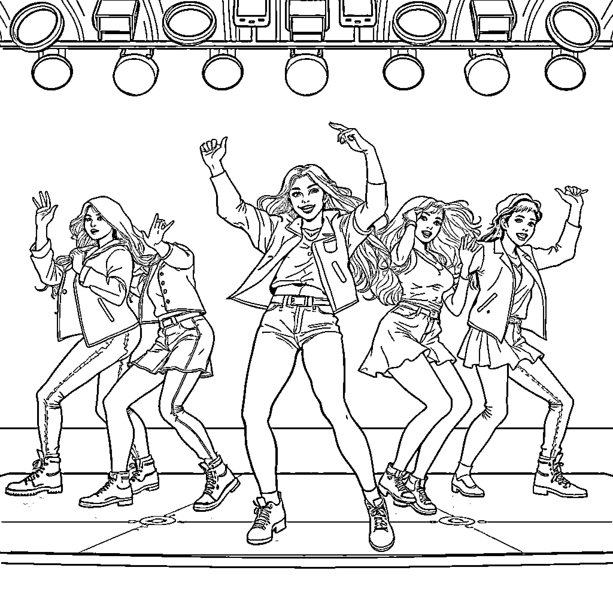 K Pop Dance Celebration with Vibrant Outfits Coloring Page (free black-and-white line drawing printable PDF for all, from beginners to advanced learners, including children, teens, adults, and seniors)