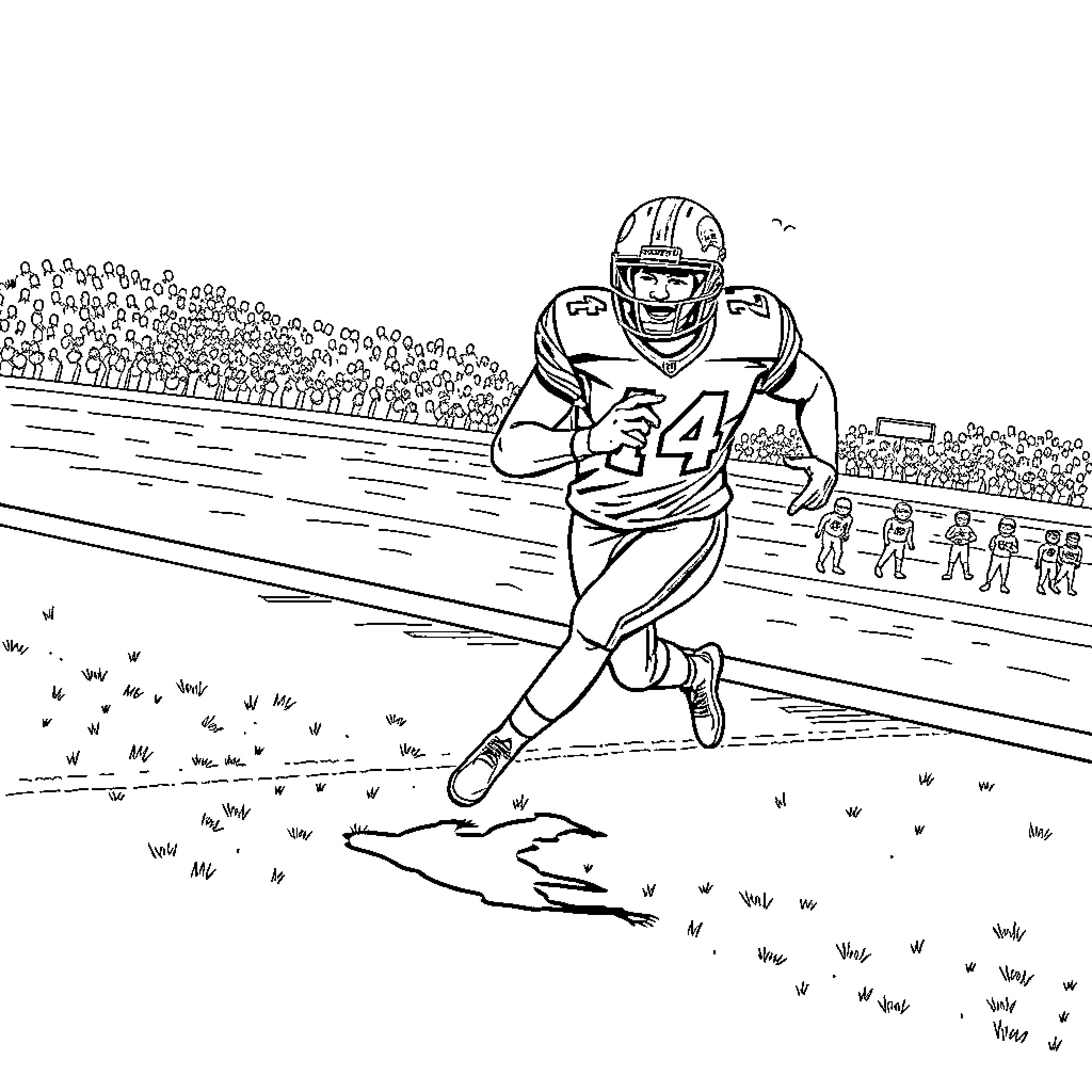 Lion football player running on field Coloring Page (free black-and-white line drawing printable PDF for all, from beginners to advanced learners, including children, teens, adults, and seniors)