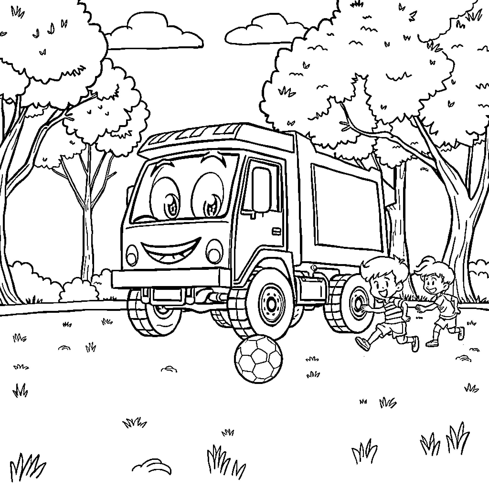 Trash Truck Cheerfully Collecting Garbage with Happy Children Coloring Page (free black-and-white line drawing printable PDF for all, from beginners to advanced learners, including children, teens, adults, and seniors)