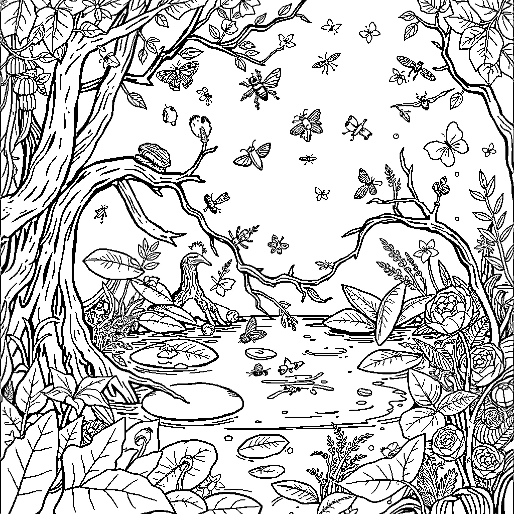 Swamp with Vibrant Wildlife and Foliage Coloring Page (free black-and-white line drawing printable PDF for all, from beginners to advanced learners, including children, teens, adults, and seniors)