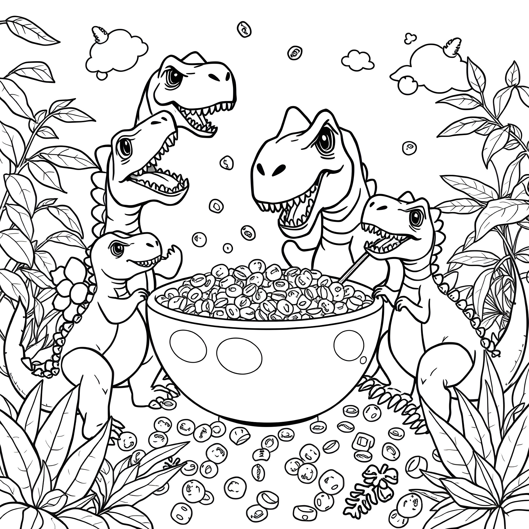 Dinosaurs Feasting on Prehistoric Treats Coloring Page (free black-and-white line drawing printable PDF for all, from beginners to advanced learners, including children, teens, adults, and seniors)