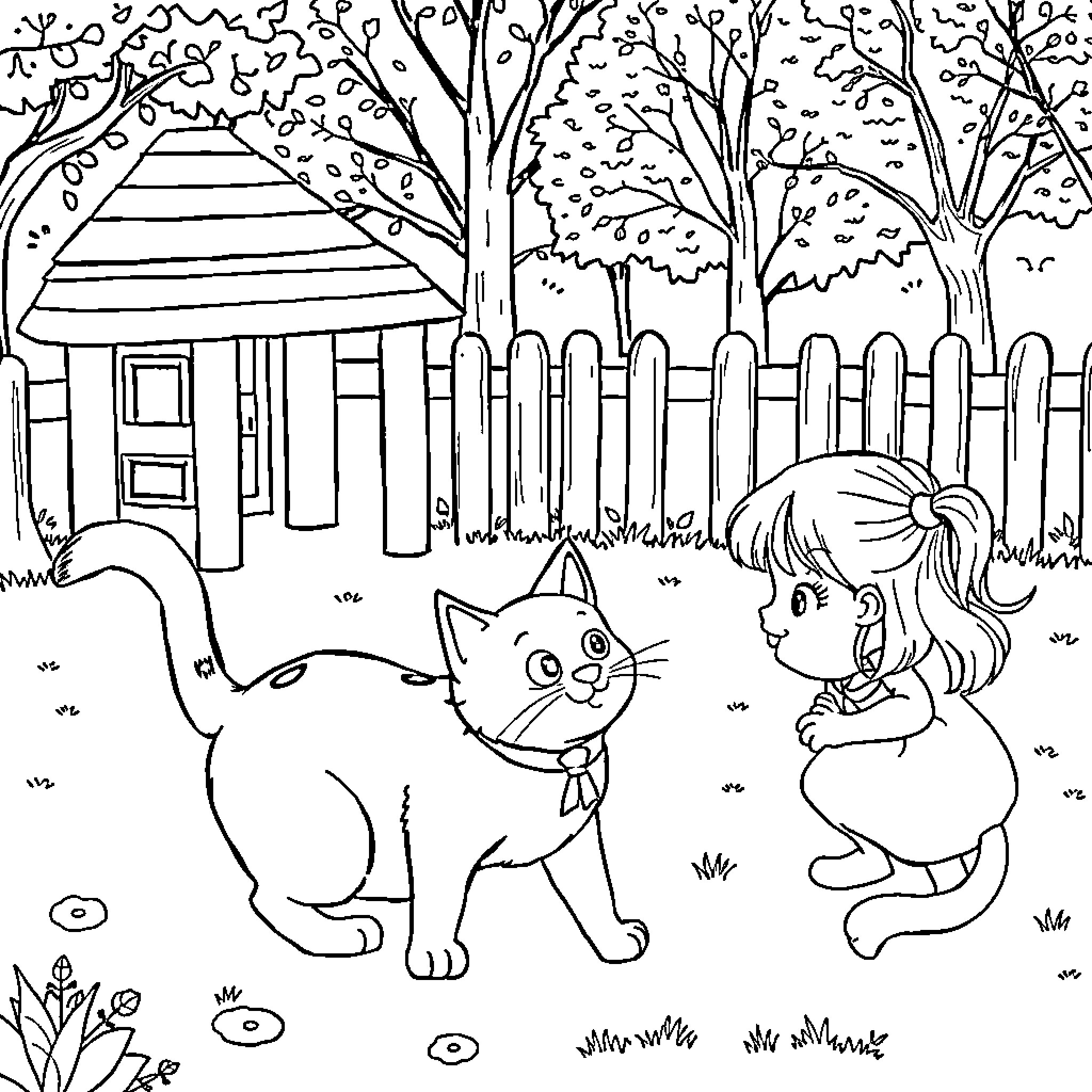 Cat enjoying a relaxing day in the backyard Coloring Page (free black-and-white line drawing printable PDF for all, from beginners to advanced learners, including children, teens, adults, and seniors)