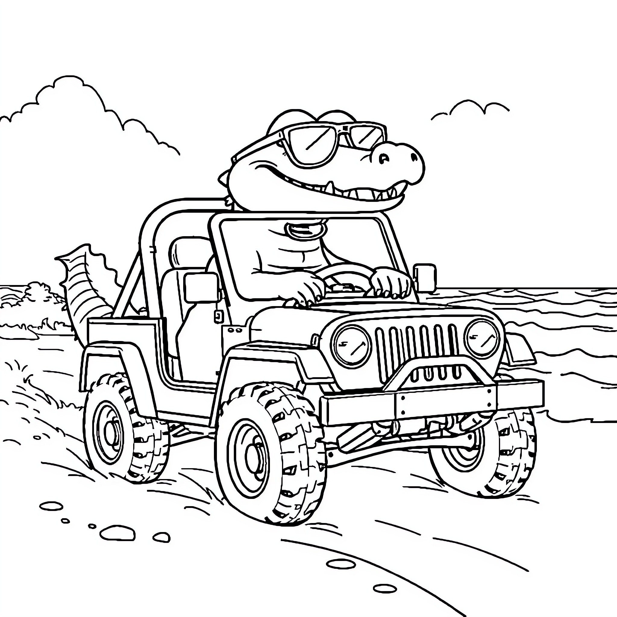 Alligator driving off-road vehicle on the beach Coloring Page (free black-and-white line drawing printable PDF for all, from beginners to advanced learners, including children, teens, adults, and seniors)