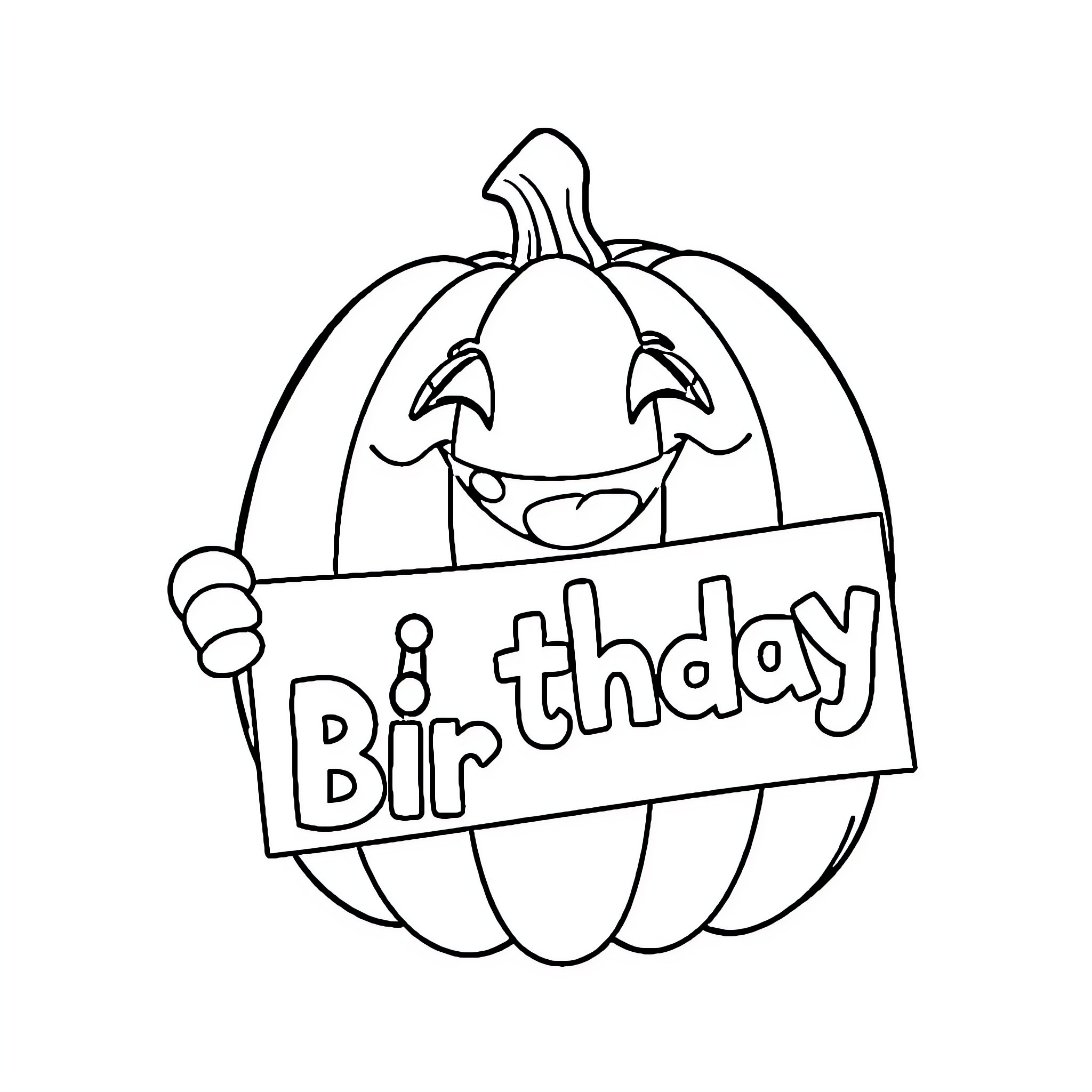 Pumpkin holding birthday sign Coloring Page (free black-and-white line drawing printable PDF for all, from beginners to advanced learners, including children, teens, adults, and seniors)