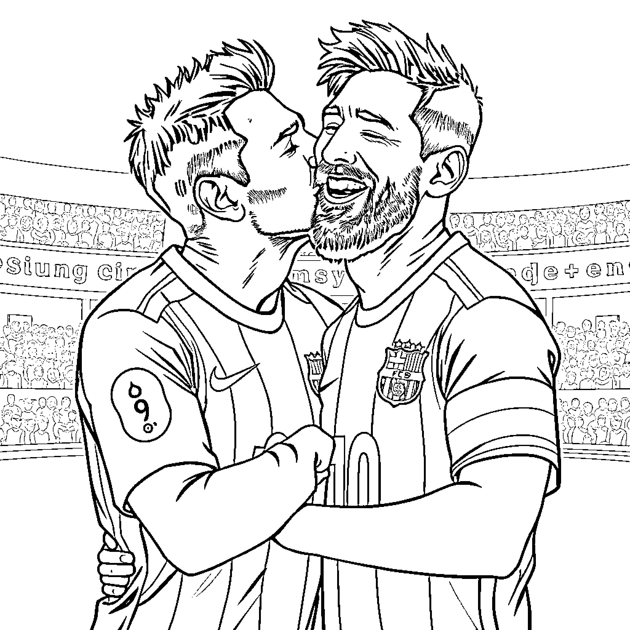 Ishowspeed: Two soccer players celebrate victory Coloring Page (free black-and-white line drawing printable PDF for all, from beginners to advanced learners, including children, teens, adults, and seniors)