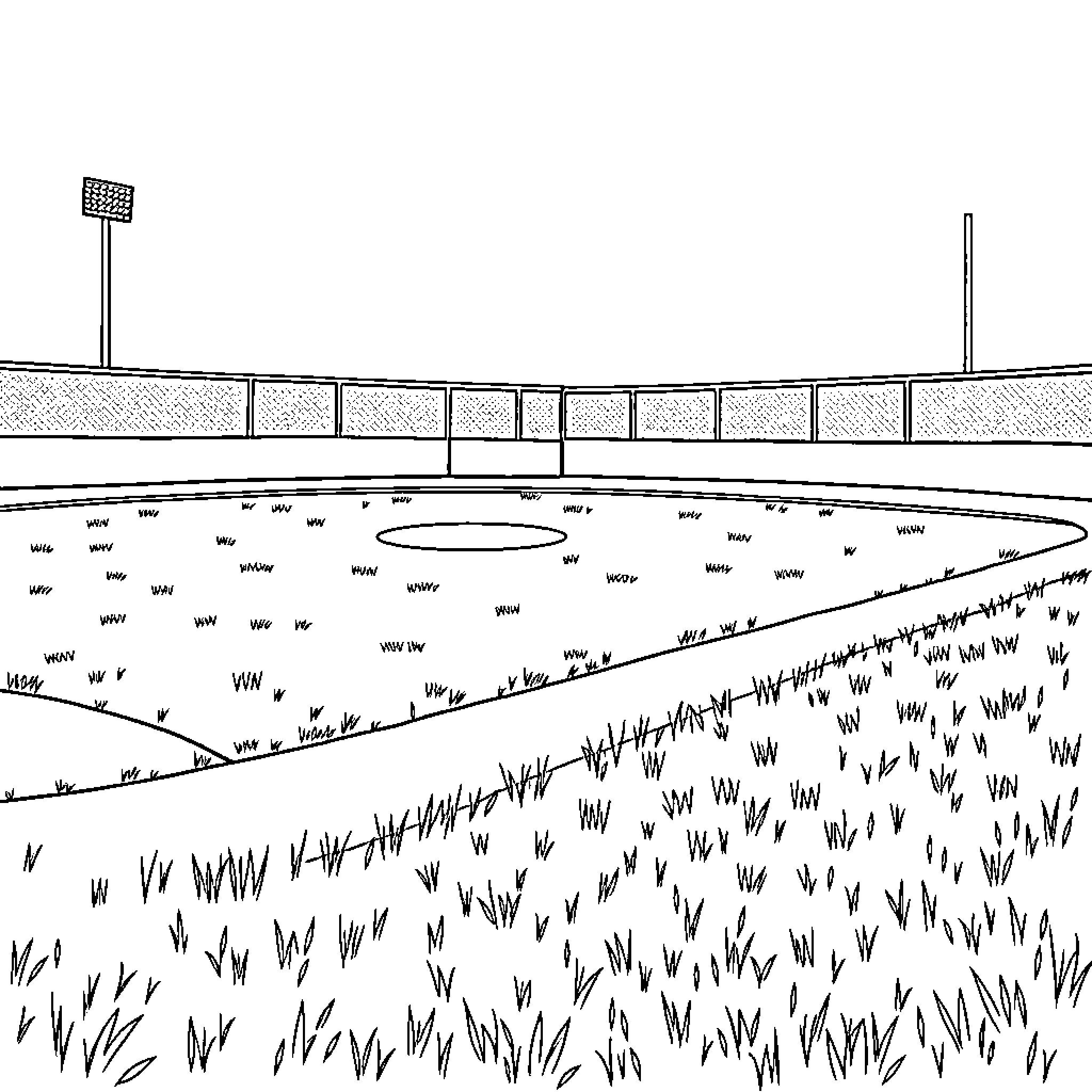 Baseball Field with Grassy Outfield and Stadium Lights Coloring Page (free black-and-white line drawing printable PDF for all, from beginners to advanced learners, including children, teens, adults, and seniors)