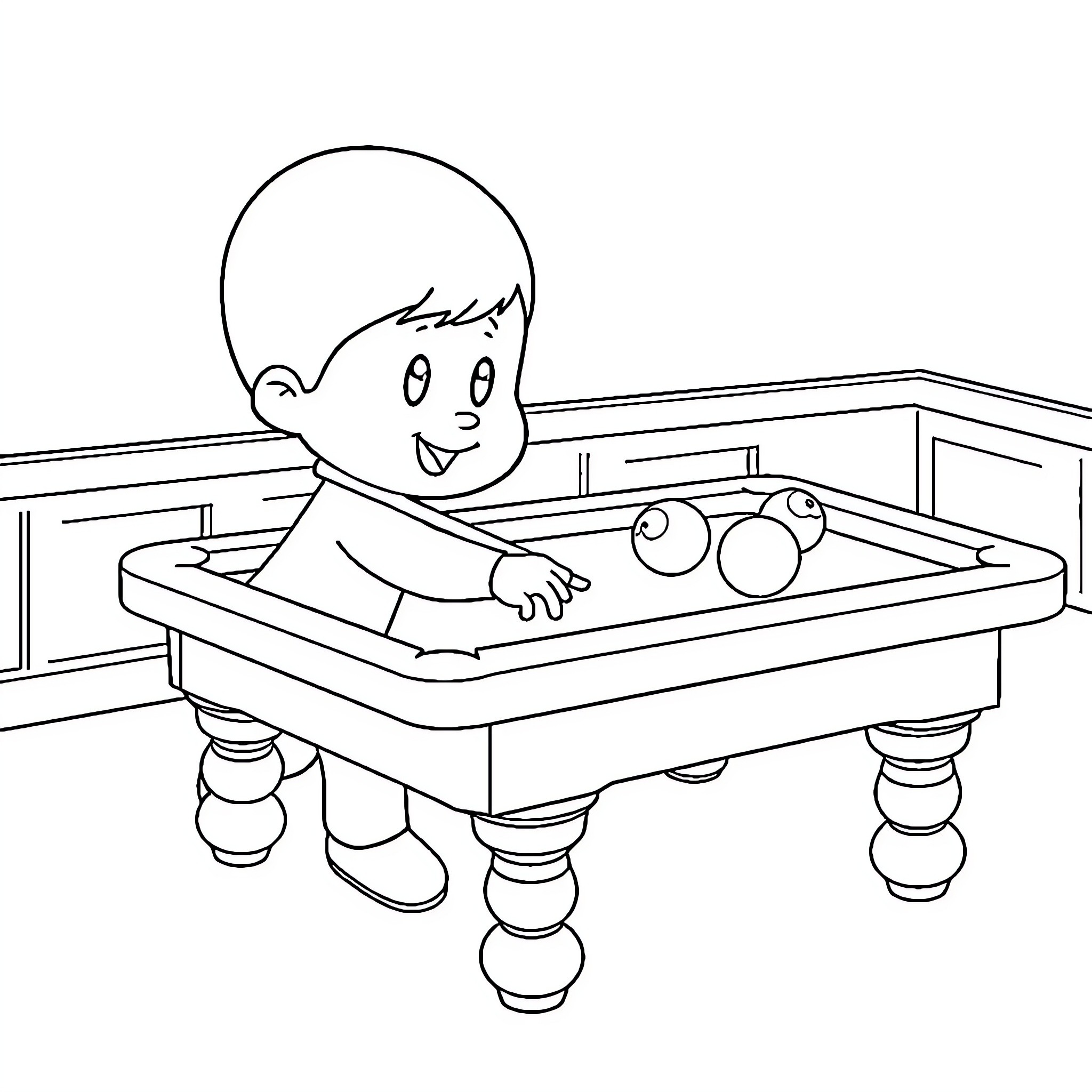 Pocoyo playing happily on a billiard table Coloring Page (free black-and-white line drawing printable PDF for all, from beginners to advanced learners, including children, teens, adults, and seniors)