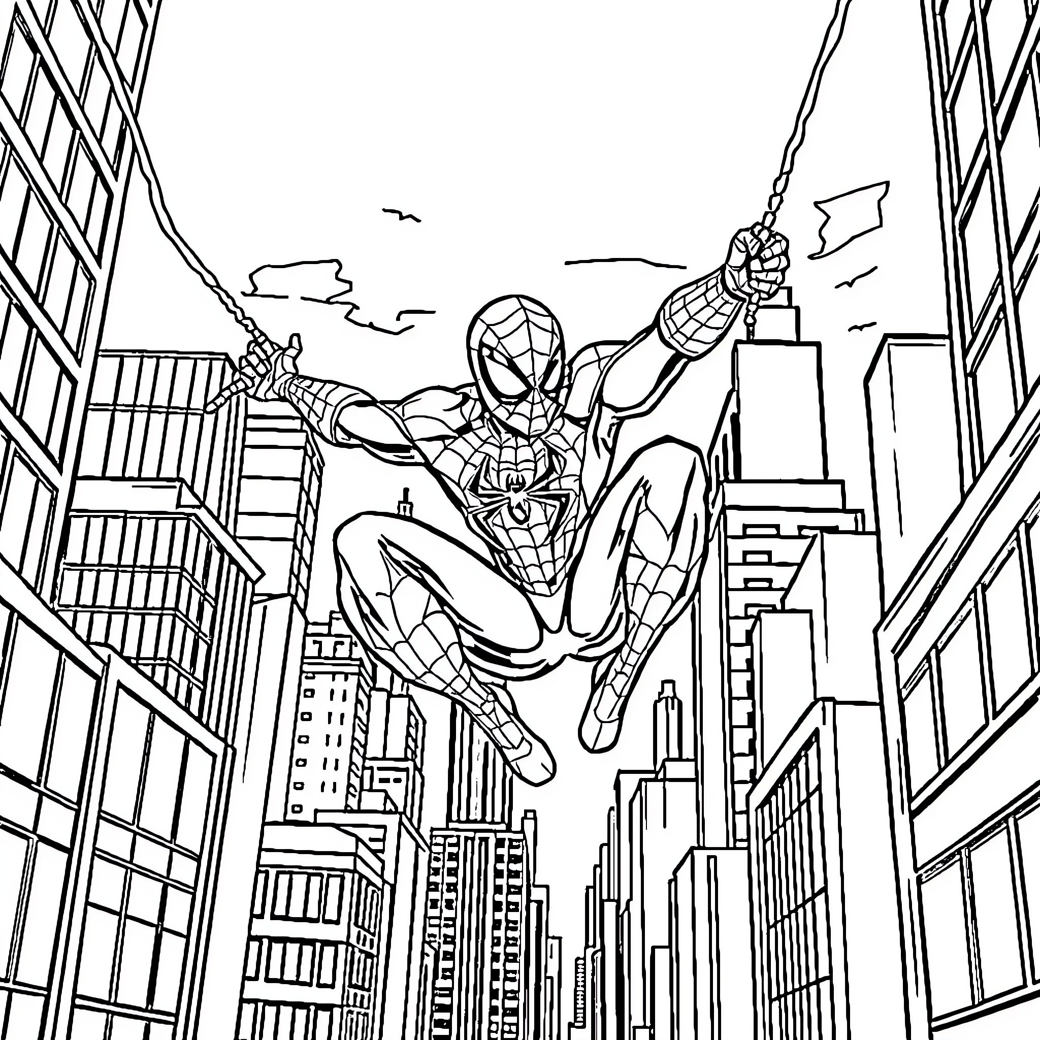 Spider-Man swinging through the city skyline Coloring Page (free black-and-white line drawing printable PDF for all, from beginners to advanced learners, including children, teens, adults, and seniors)