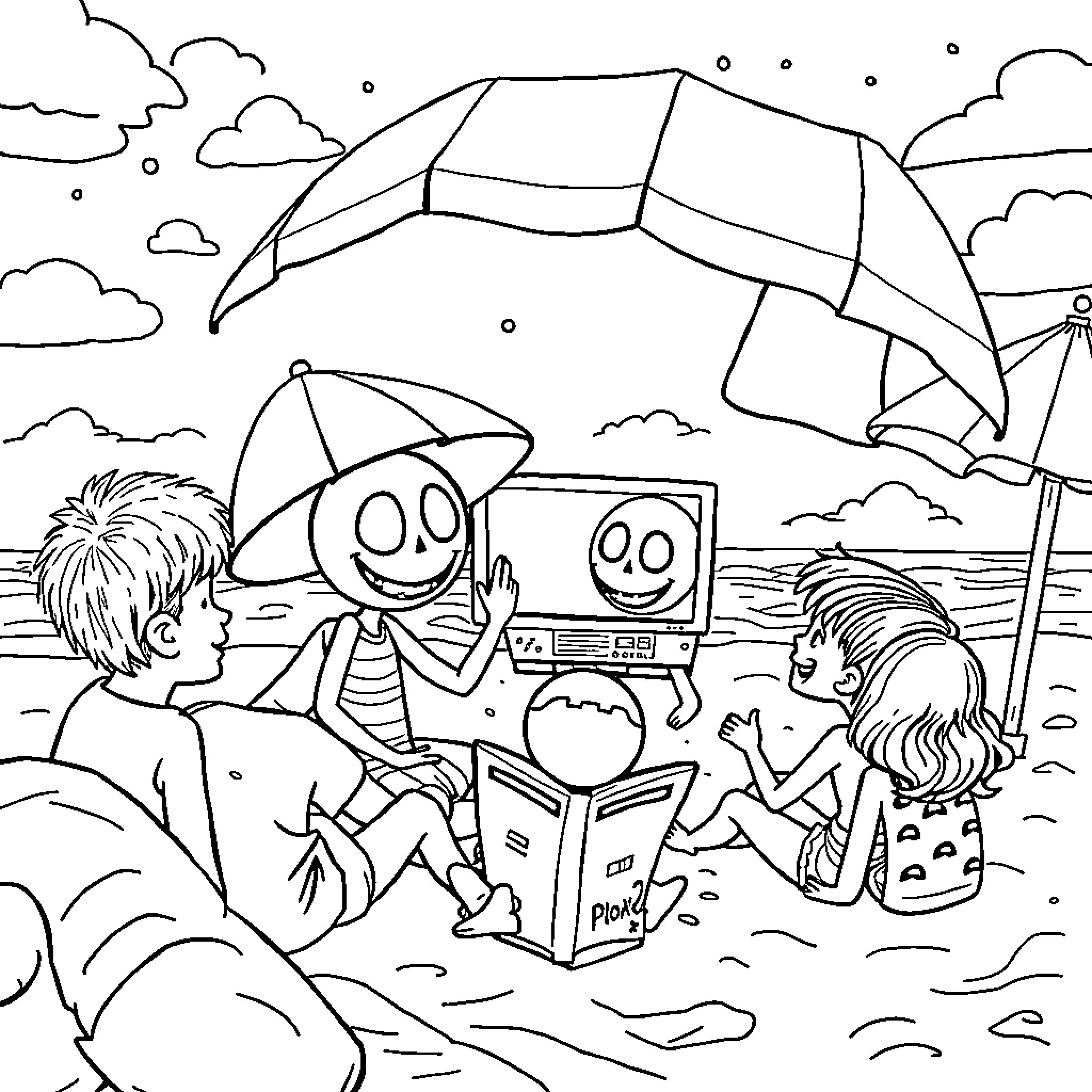 Spookiz having a beach party with friends Coloring Page (free black-and-white line drawing printable PDF for all, from beginners to advanced learners, including children, teens, adults, and seniors)