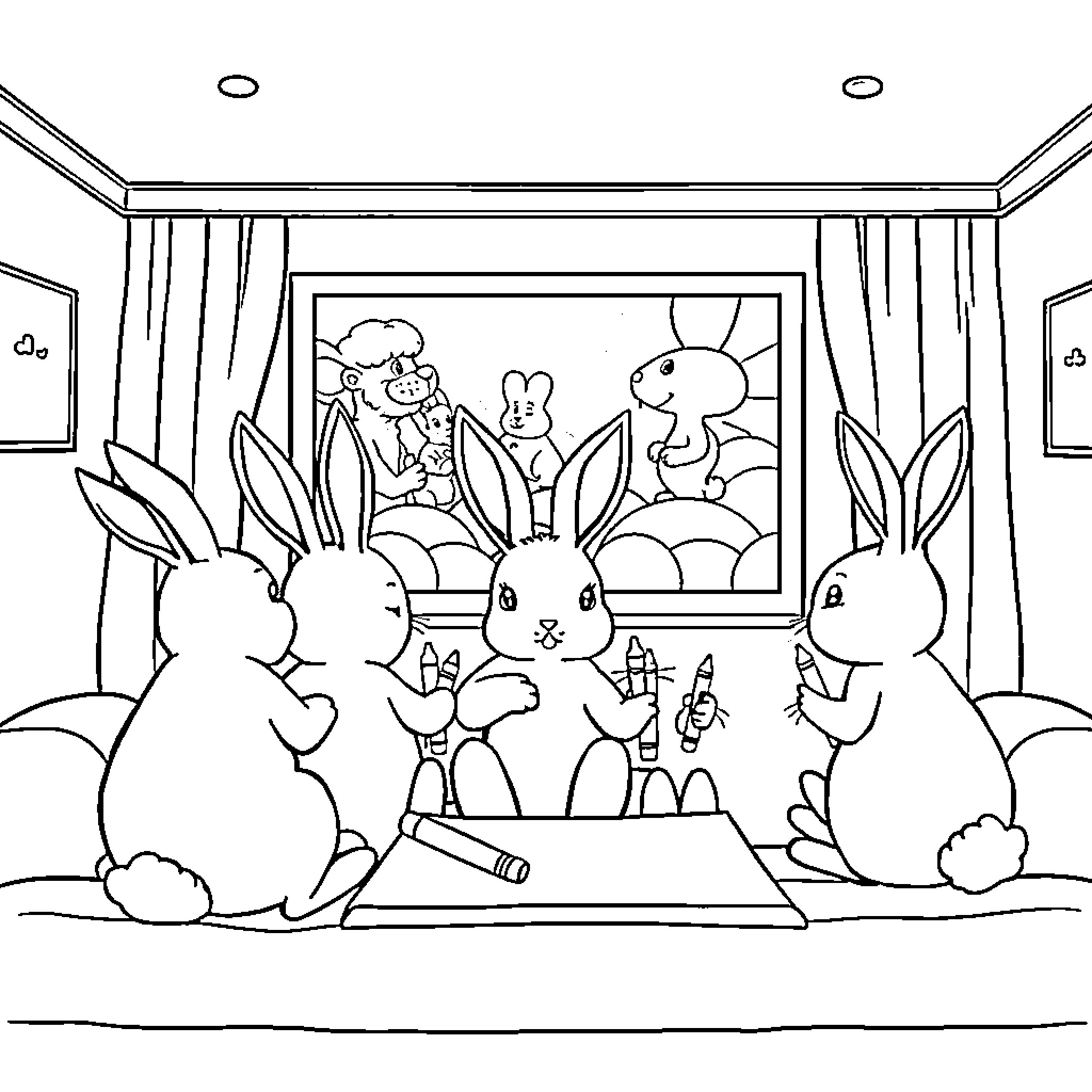 Bunny family enjoying a cozy indoor scene Coloring Page (free black-and-white line drawing printable PDF for all, from beginners to advanced learners, including children, teens, adults, and seniors)