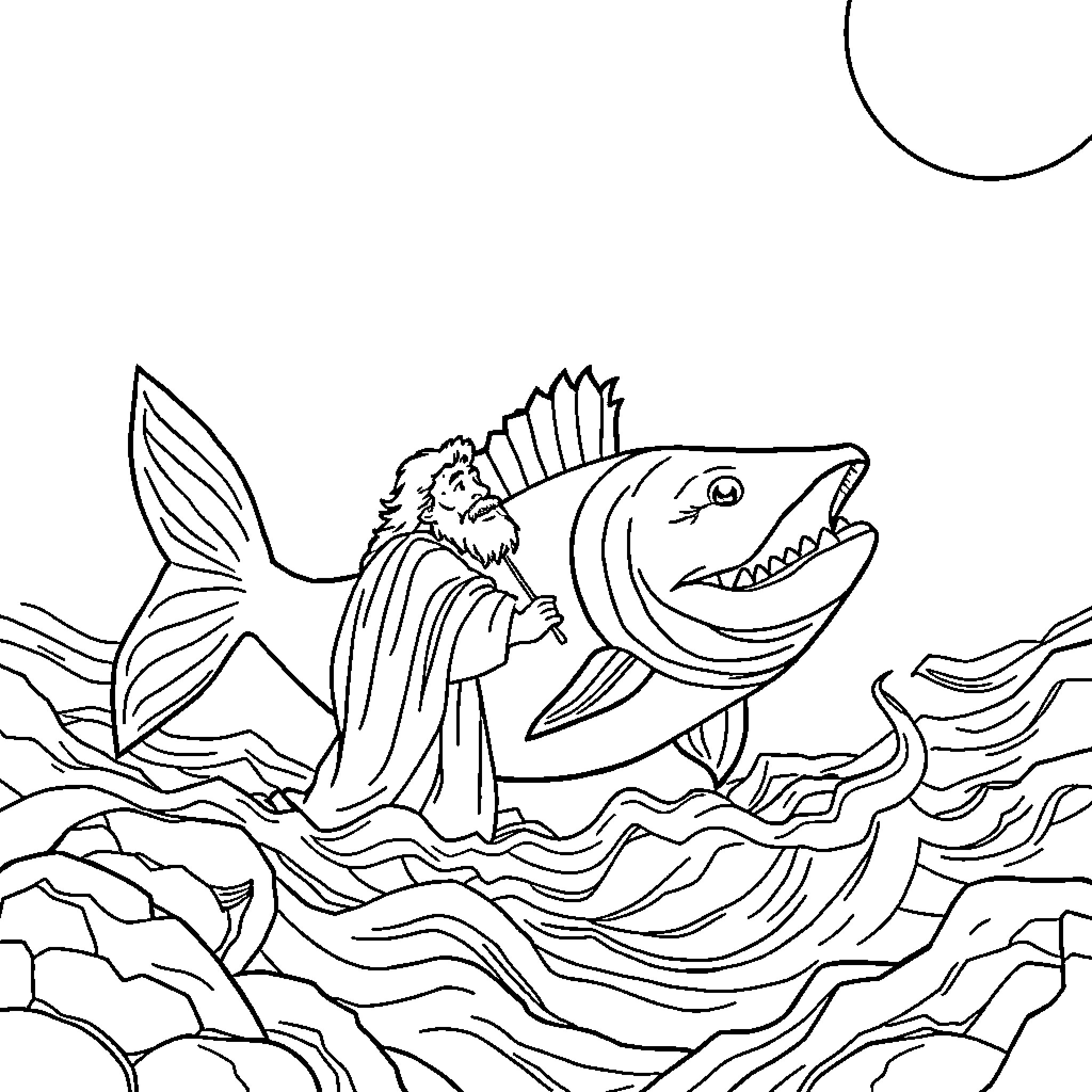 Jonah rescued from the belly of the big fish Coloring Page (free black-and-white line drawing printable PDF for all, from beginners to advanced learners, including children, teens, adults, and seniors)