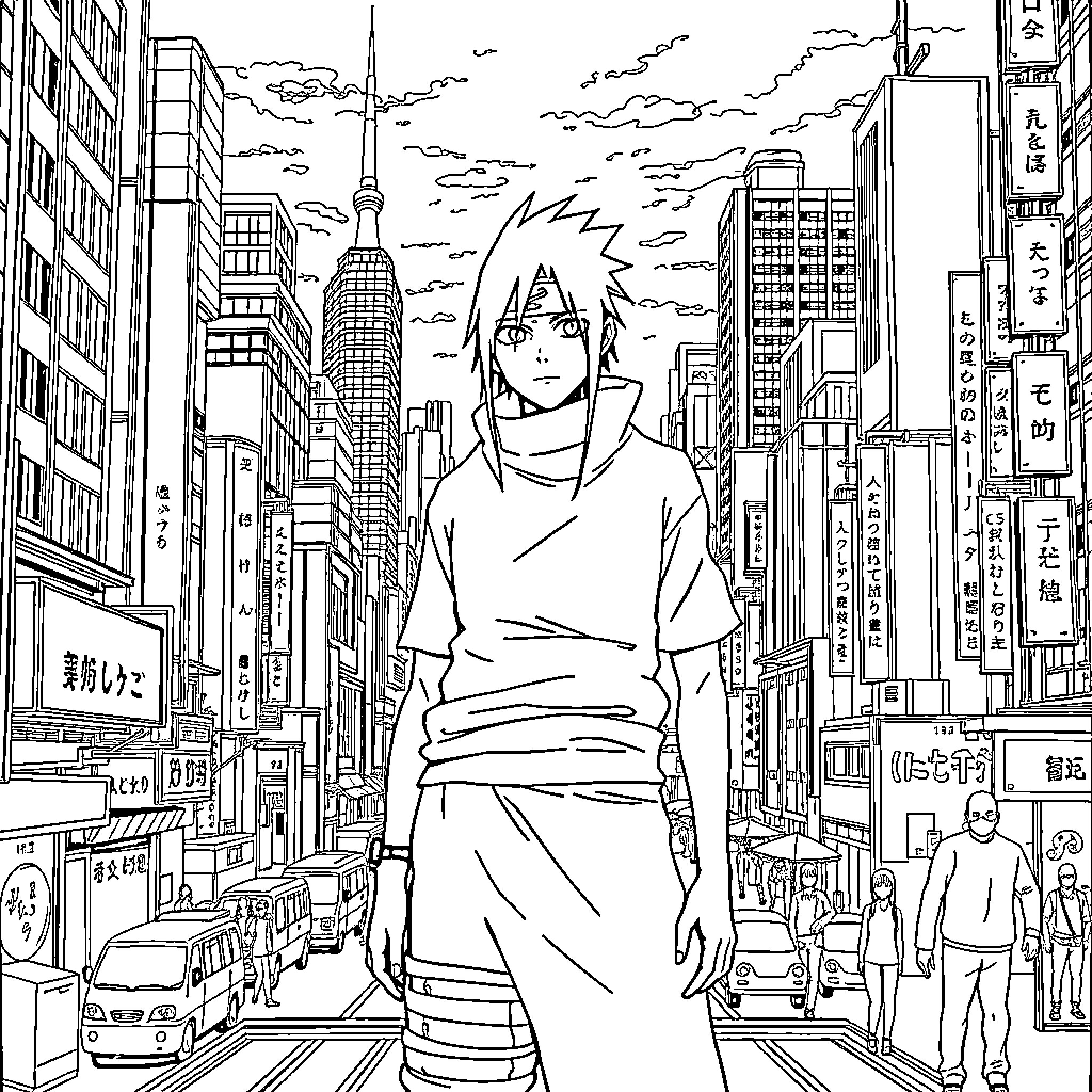 Itachi in the bustling city streets Coloring Page (free black-and-white line drawing printable PDF for all, from beginners to advanced learners, including children, teens, adults, and seniors)
