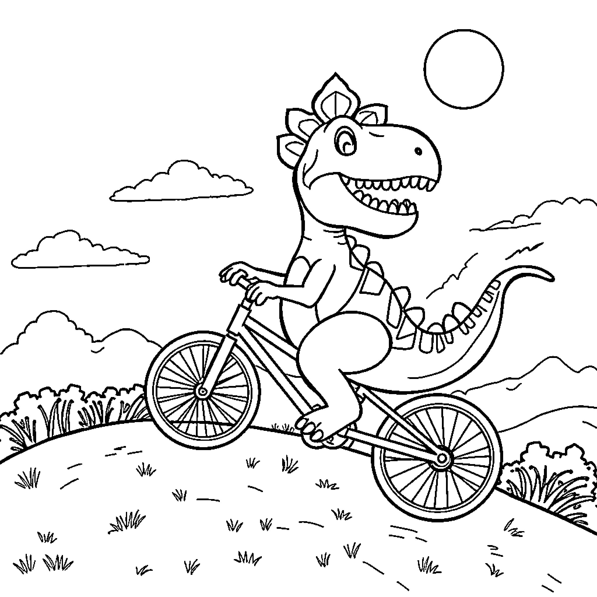 Dinosaur riding a bicycle in the countryside Coloring Page (free black-and-white line drawing printable PDF for all, from beginners to advanced learners, including children, teens, adults, and seniors)